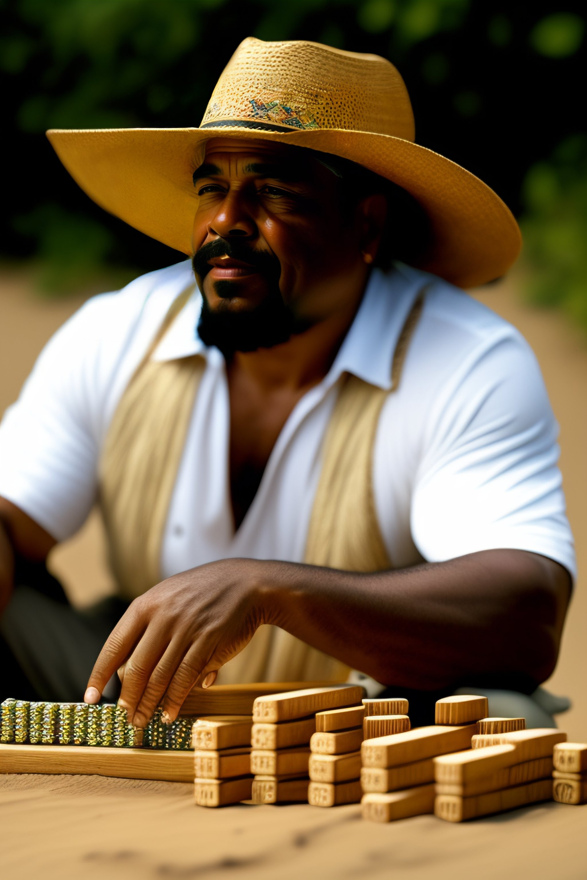 Lexica Puerto Rican jibaro with straw hat ,playing dominoes