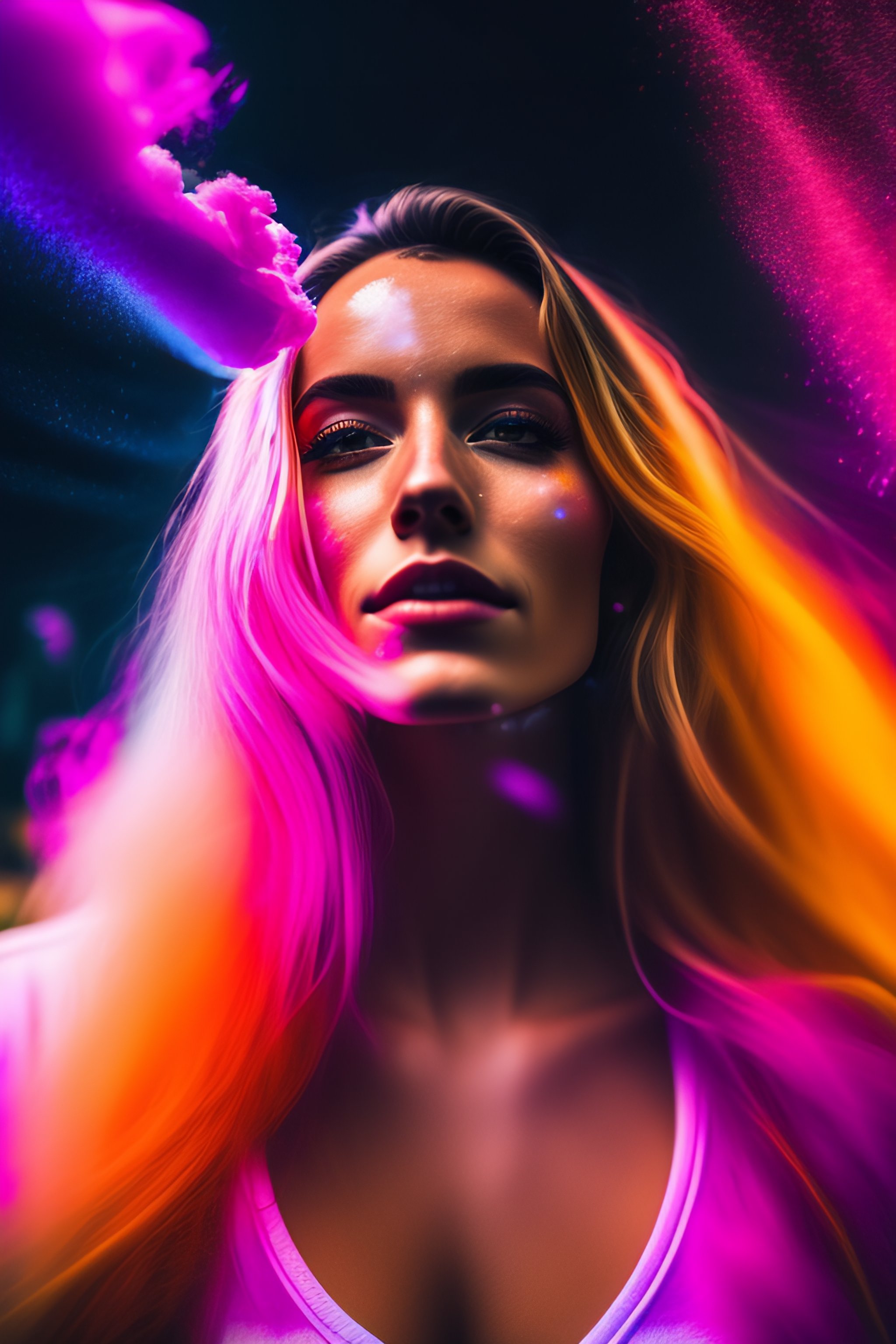 Lexica - Portrait of a young woman at a rave throwing colored dust ...