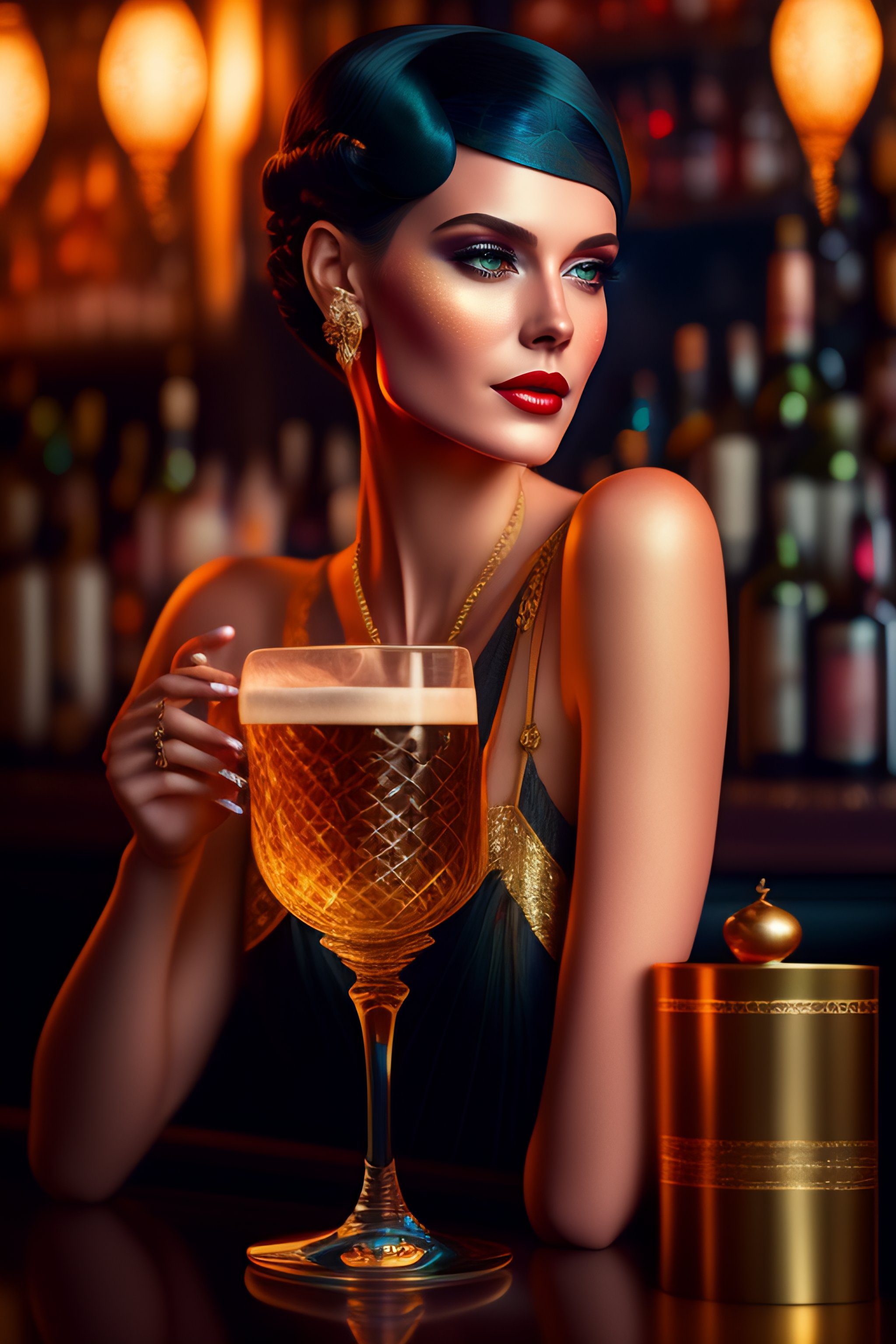 Lexica - A young sophisticated drinking woman, gold and filigree, cozy ...