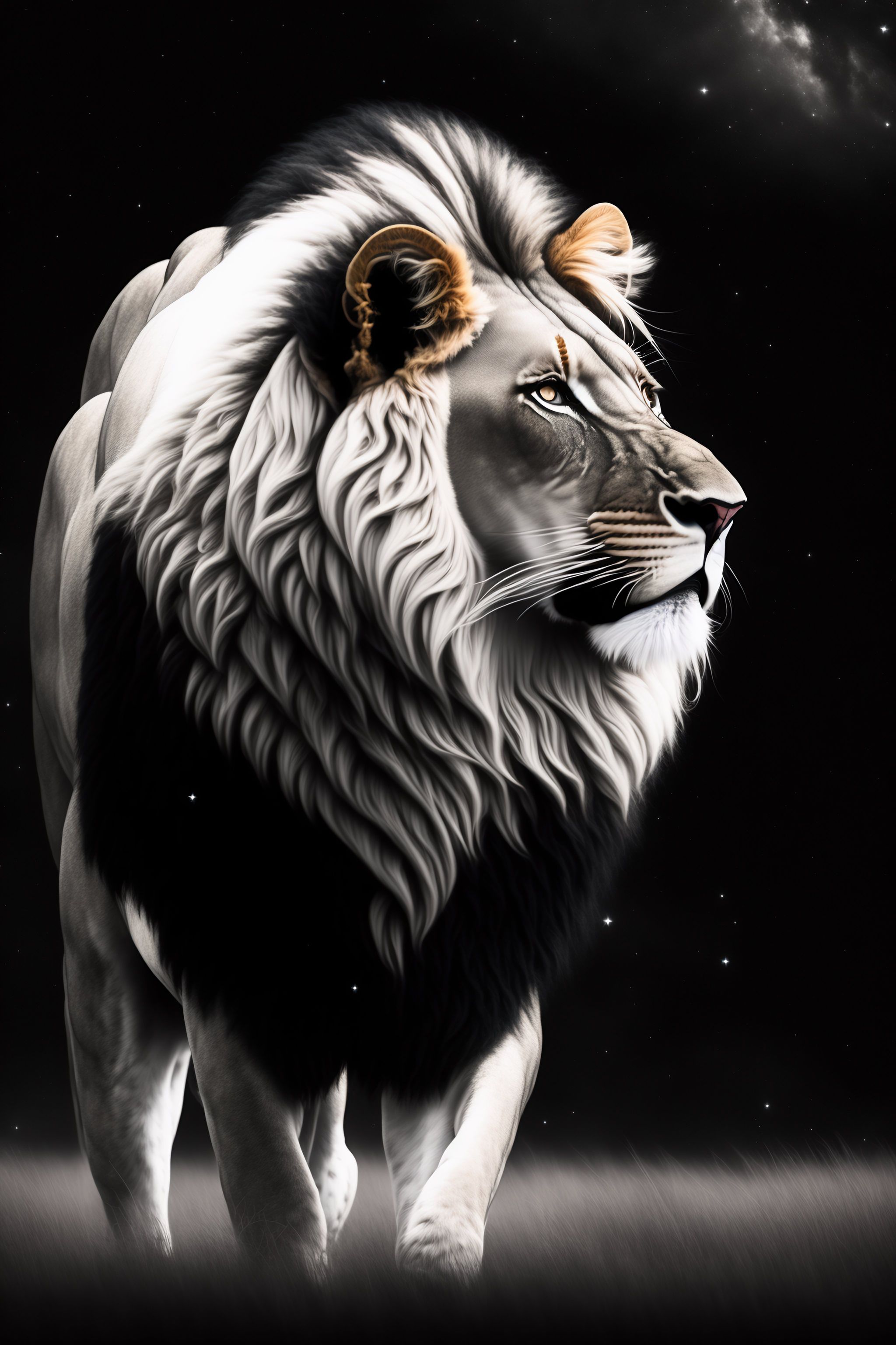 Lexica - Lion look at the stars, black and white, logo,