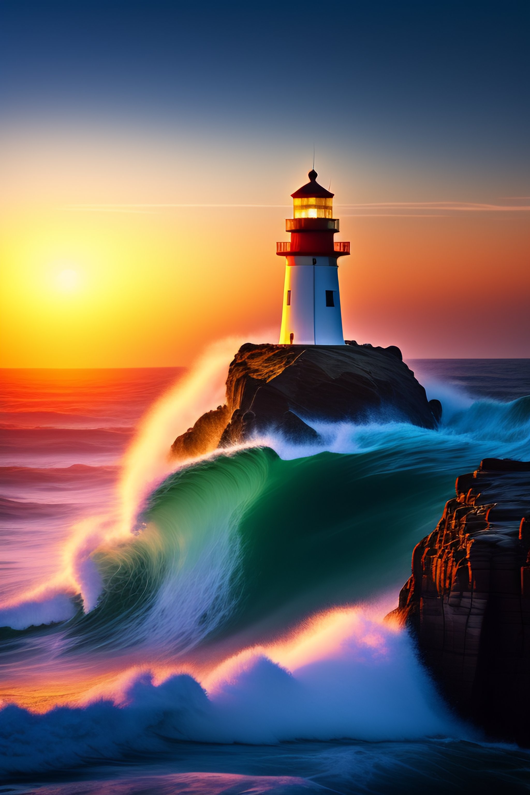 Lexica - A lighthouse in the middle of the sea, with wild sea hitting ...