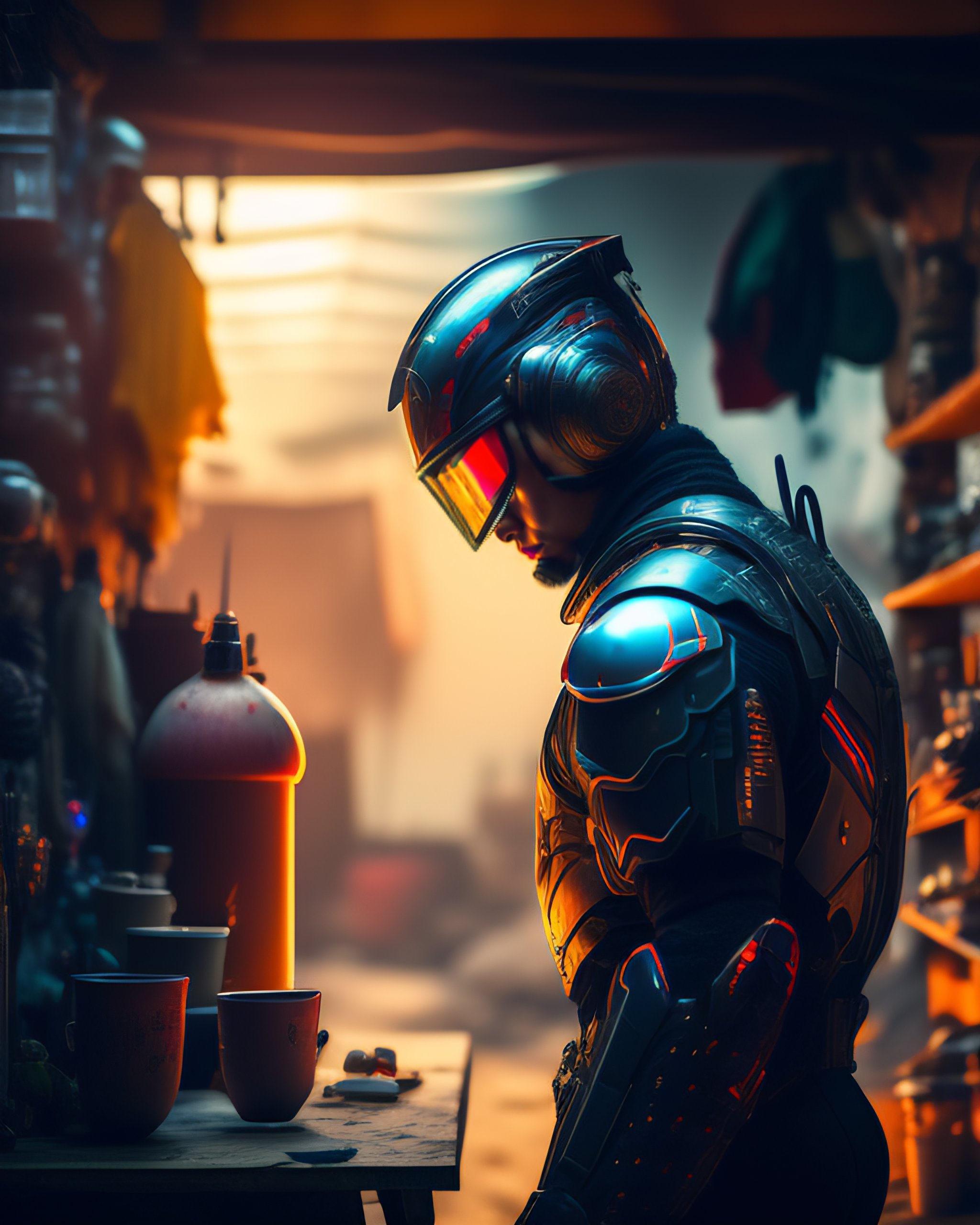 Lexica - Wide angle Environmental shot of evil Cyborg in a cluttered ...