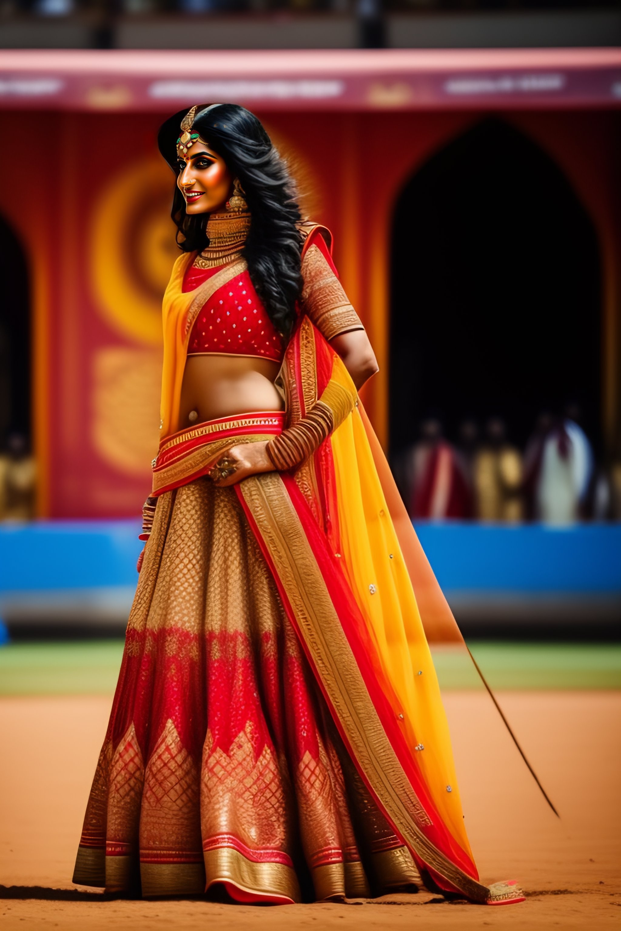 Lexica Indian Punjabi female wearing lehenga throwing a football