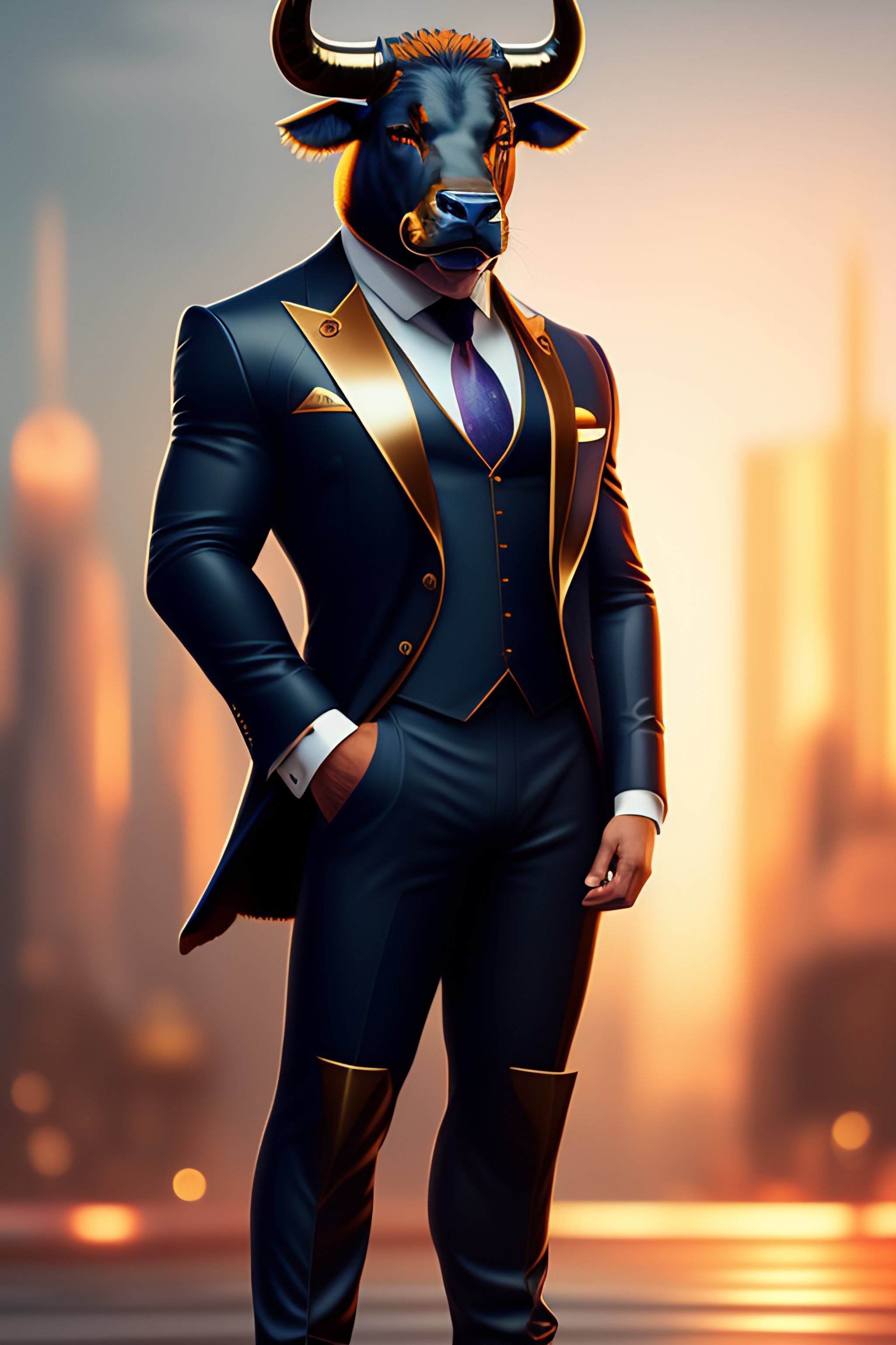 Lexica - Anthro furry humanoid bull, three piece suit, checking watch,  character concept design, painting, detailed, vivid, trending on  artstation, c...