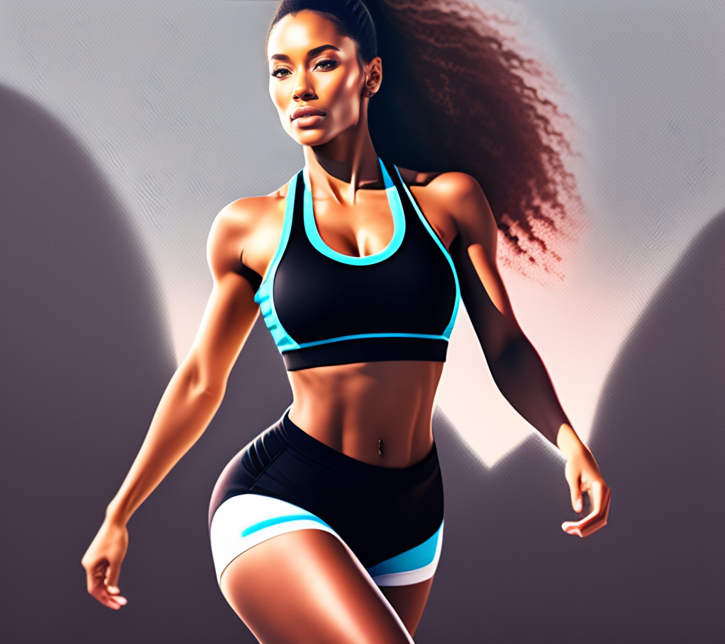 Lexica - A woman in a sports bra top and shorts, featured on dribble,  superflat, dynamic pose, behance hd, flat shading, blond, app icon, black  and w