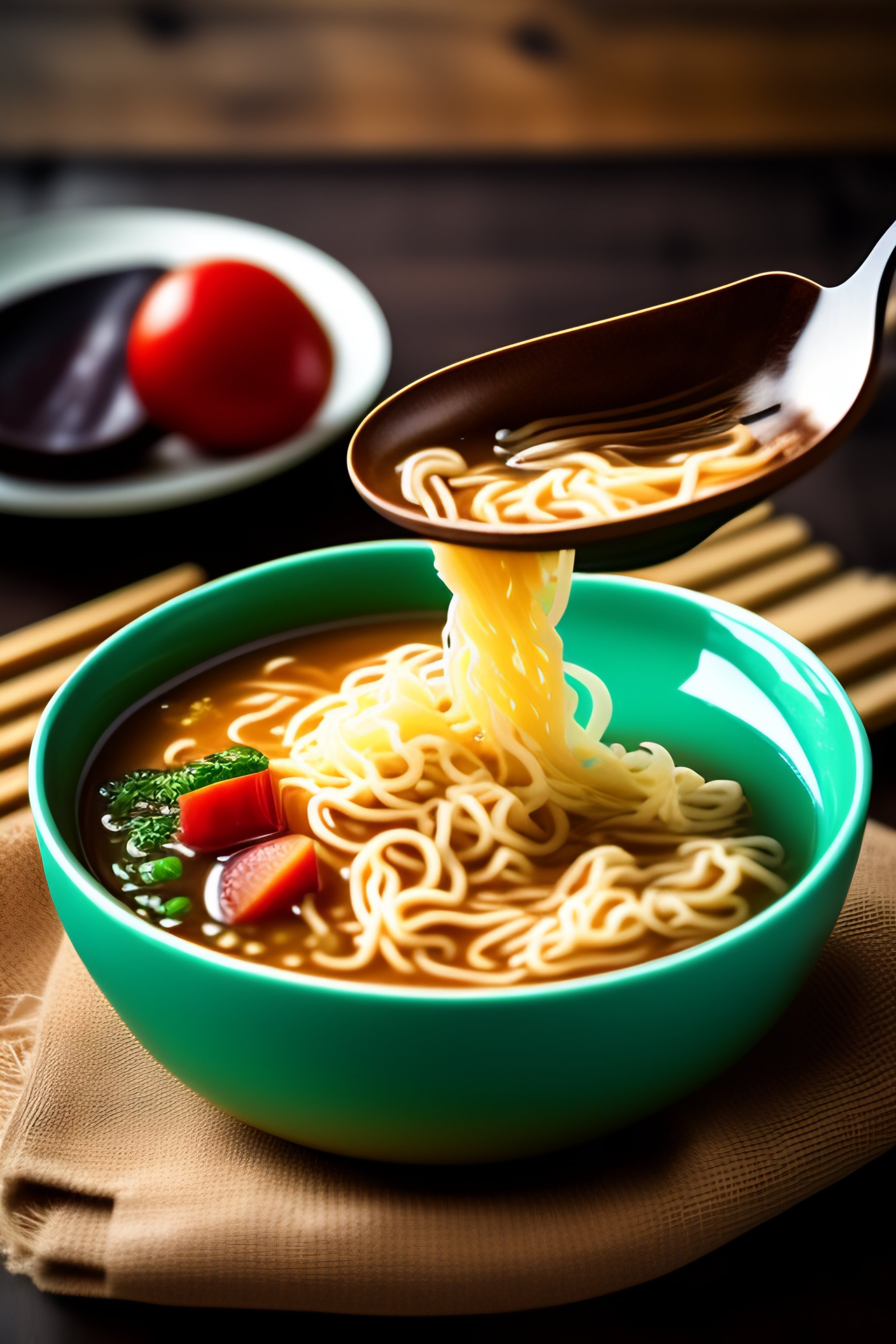 Lexica Ramen cup noodles eating with fork