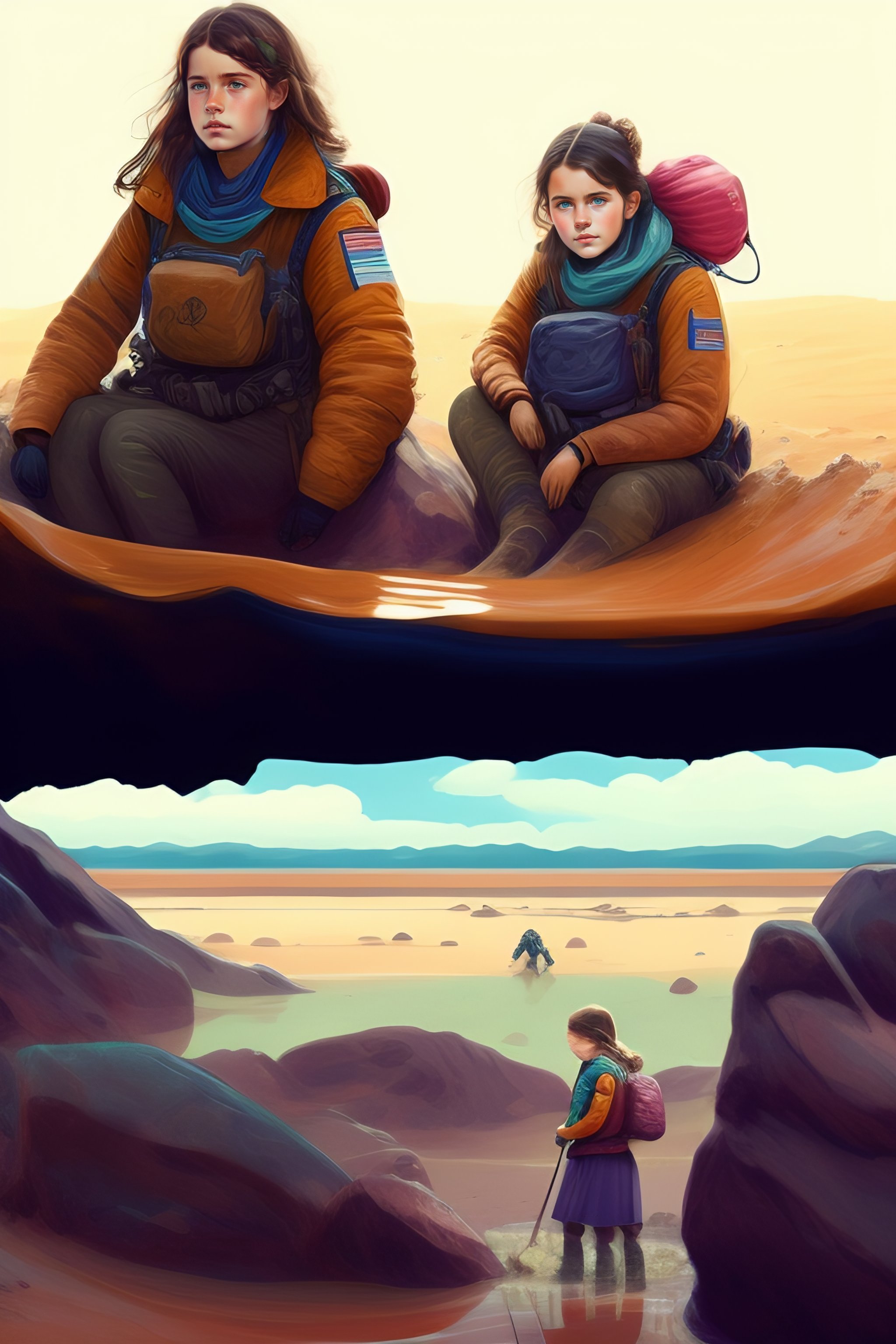 Lexica - Coloured sketch art style, 2girls, exhausted , explorer women ...