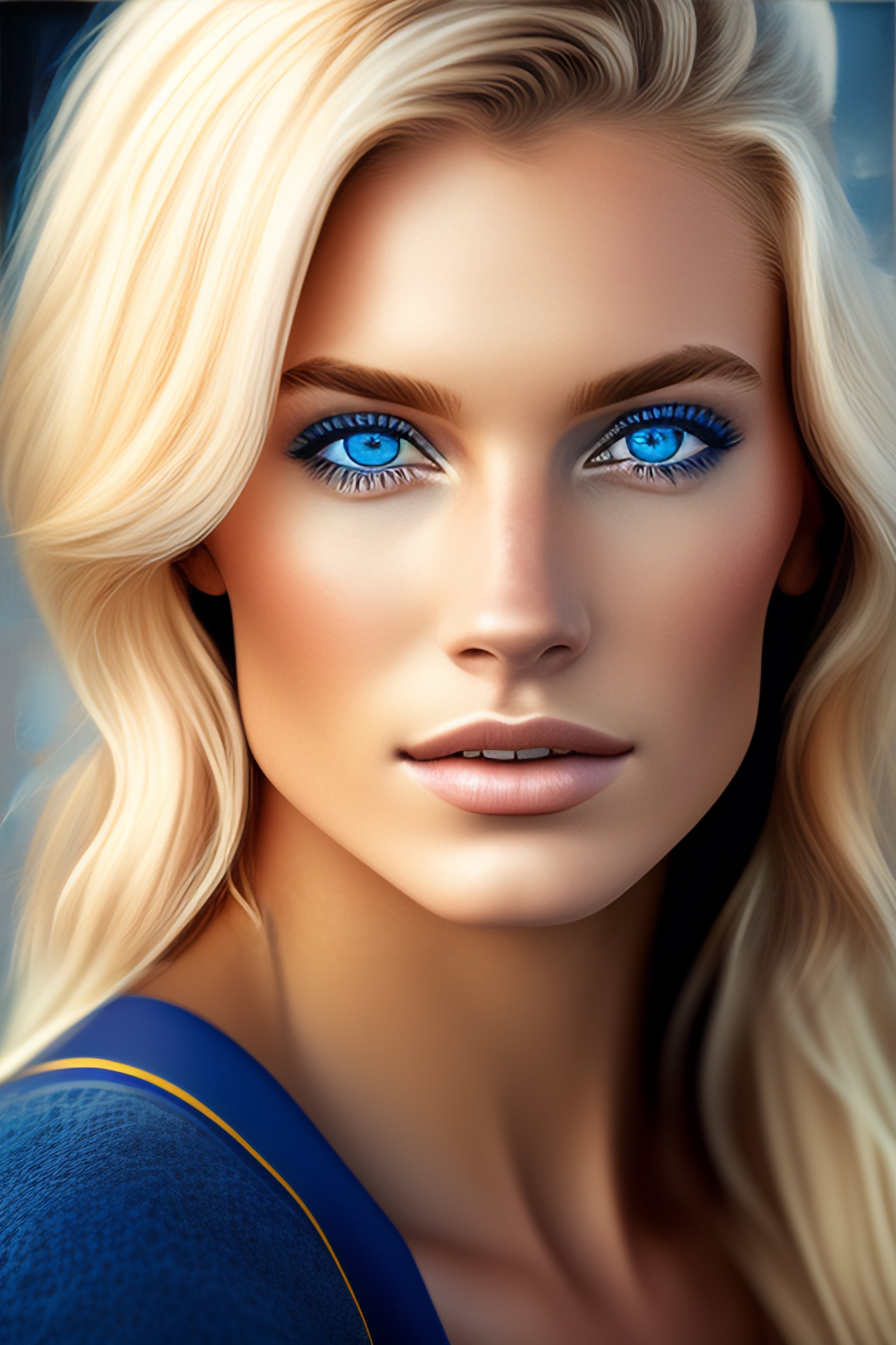 Lexica A Close Up Portrait Of A Beautiful 20 Years Old Blonde And Blue Eyes Woman Epic 2542