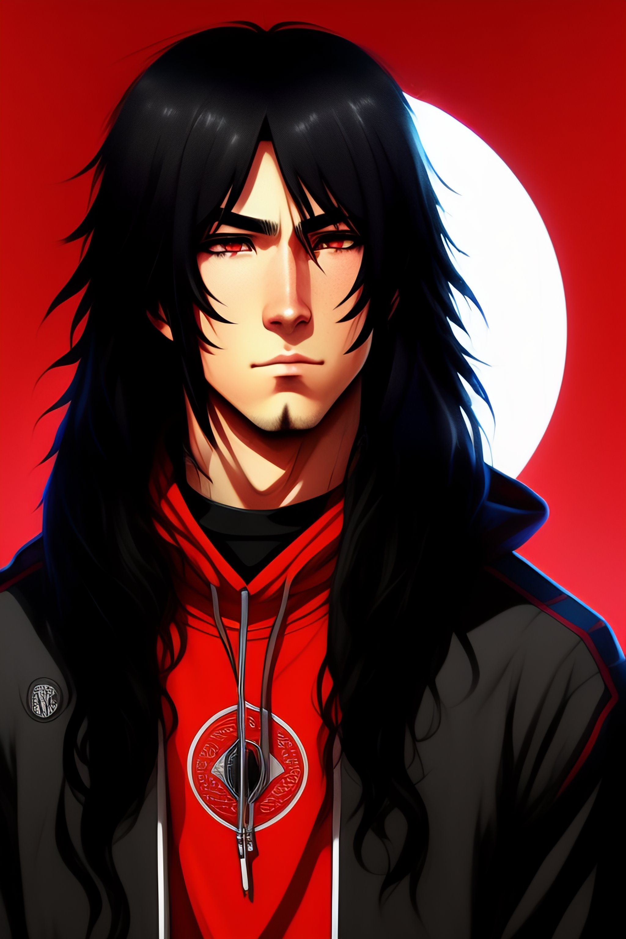 anime girl with long black hair and red eyes