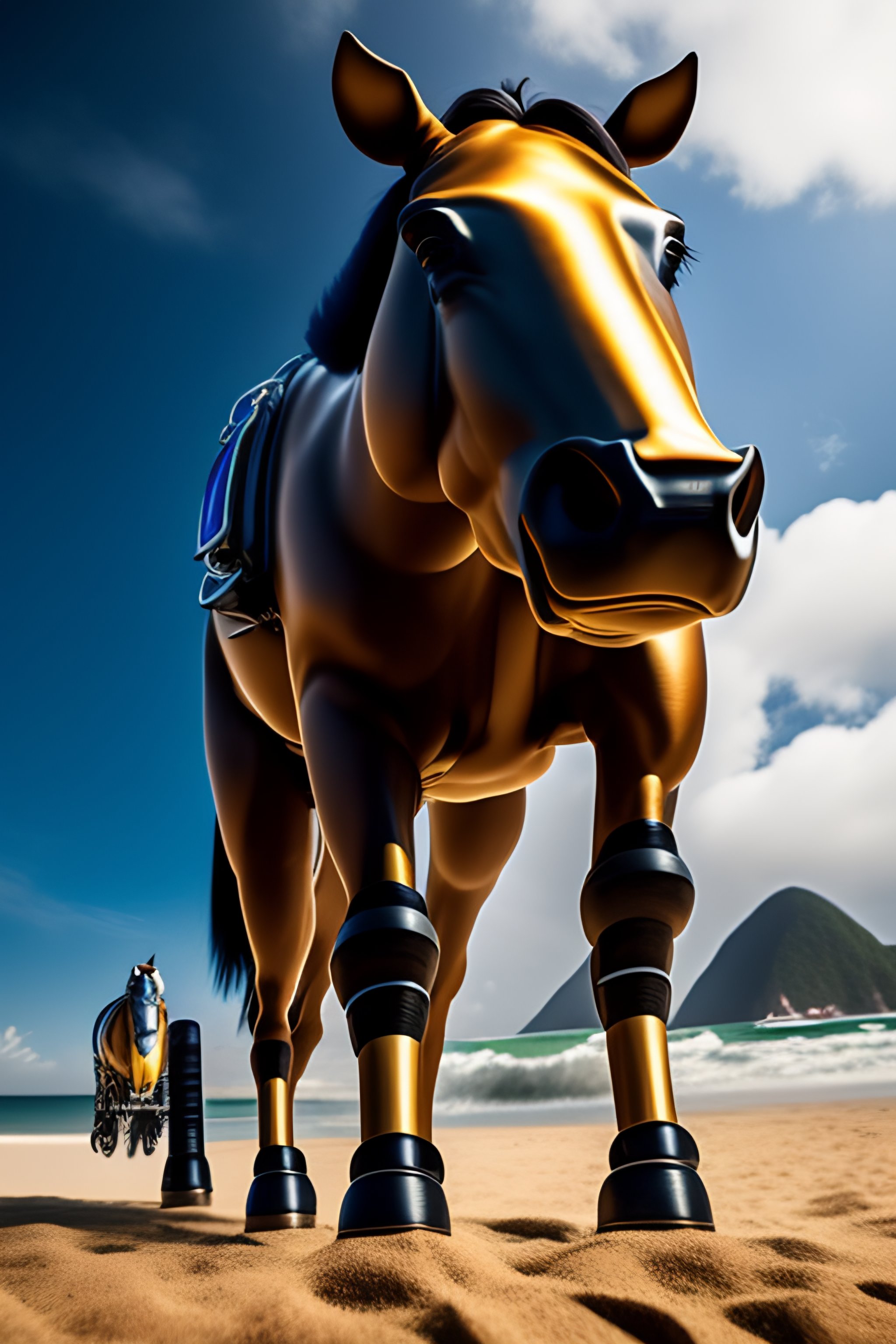 Lexica - Create a cyberpunk robot with horse on a beach in Rio de Janeiro