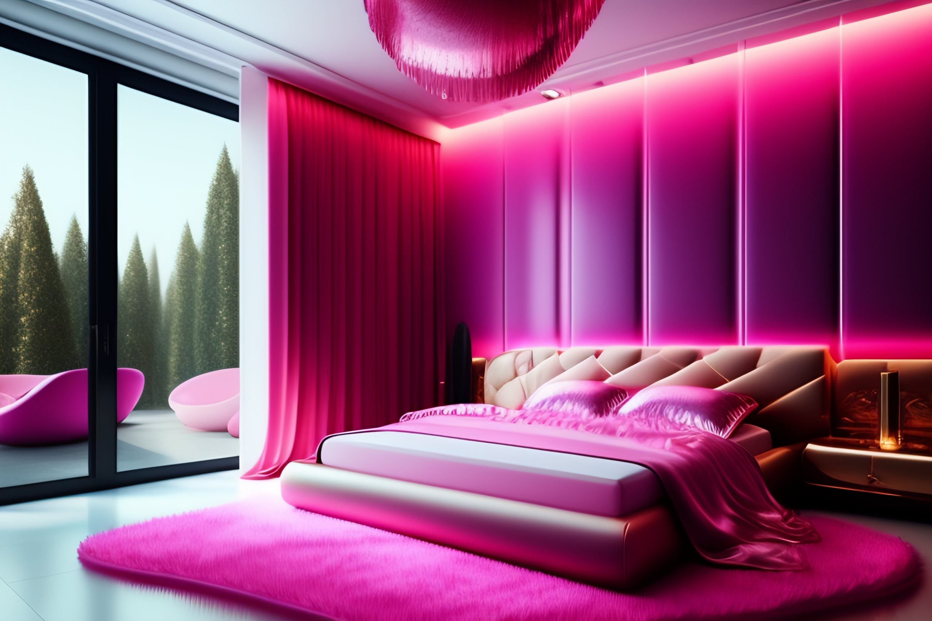 Lexica - Pink balloons, white room, gold bed, floor to ceiling windows ...