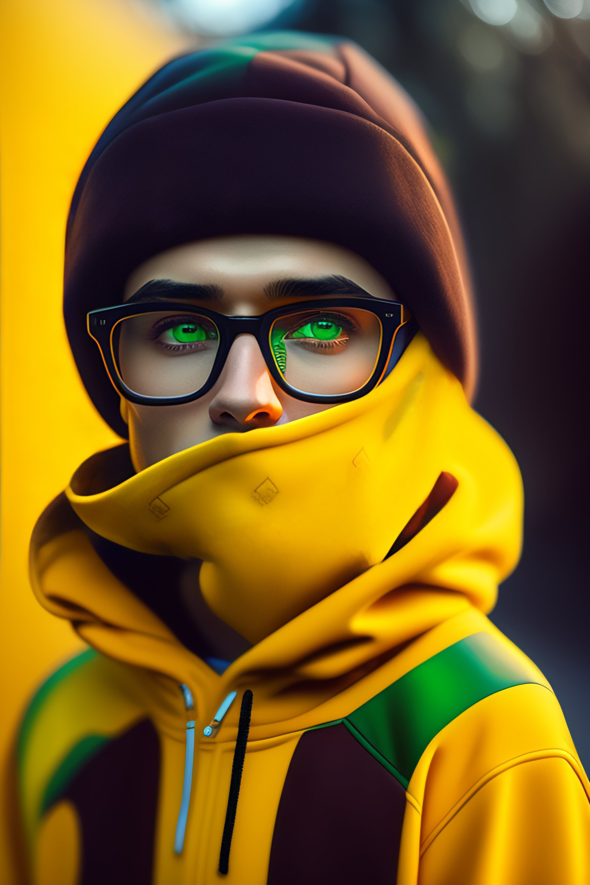 Lexica Boy Enver Islyamov in big glasses, dark brown, big green eyes