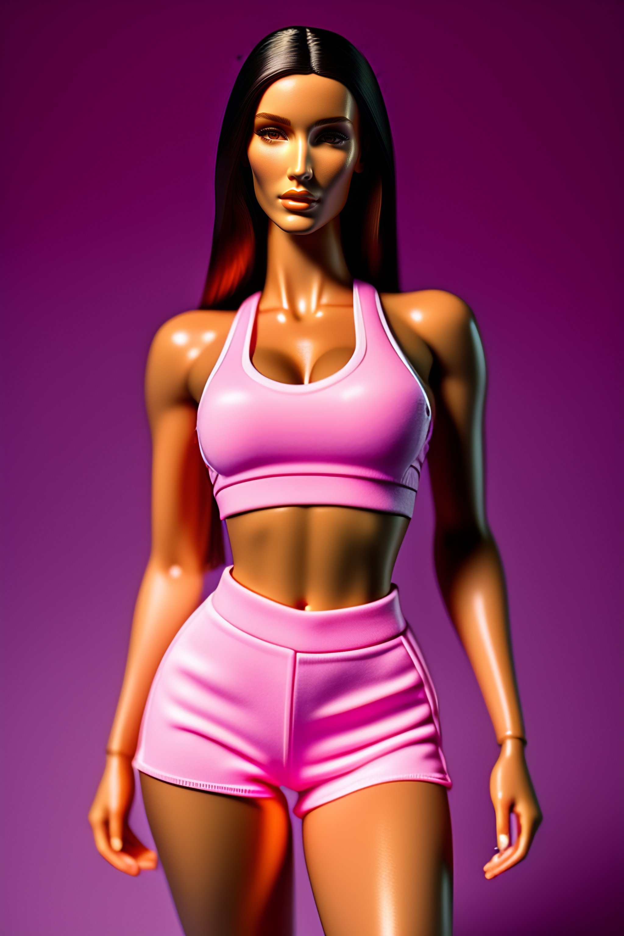 Lexica - Madison beer plastic tight barbie doll body, pretty detailed face,  shorts and pink top, tight abs, 1988 product photography, plain backgroun