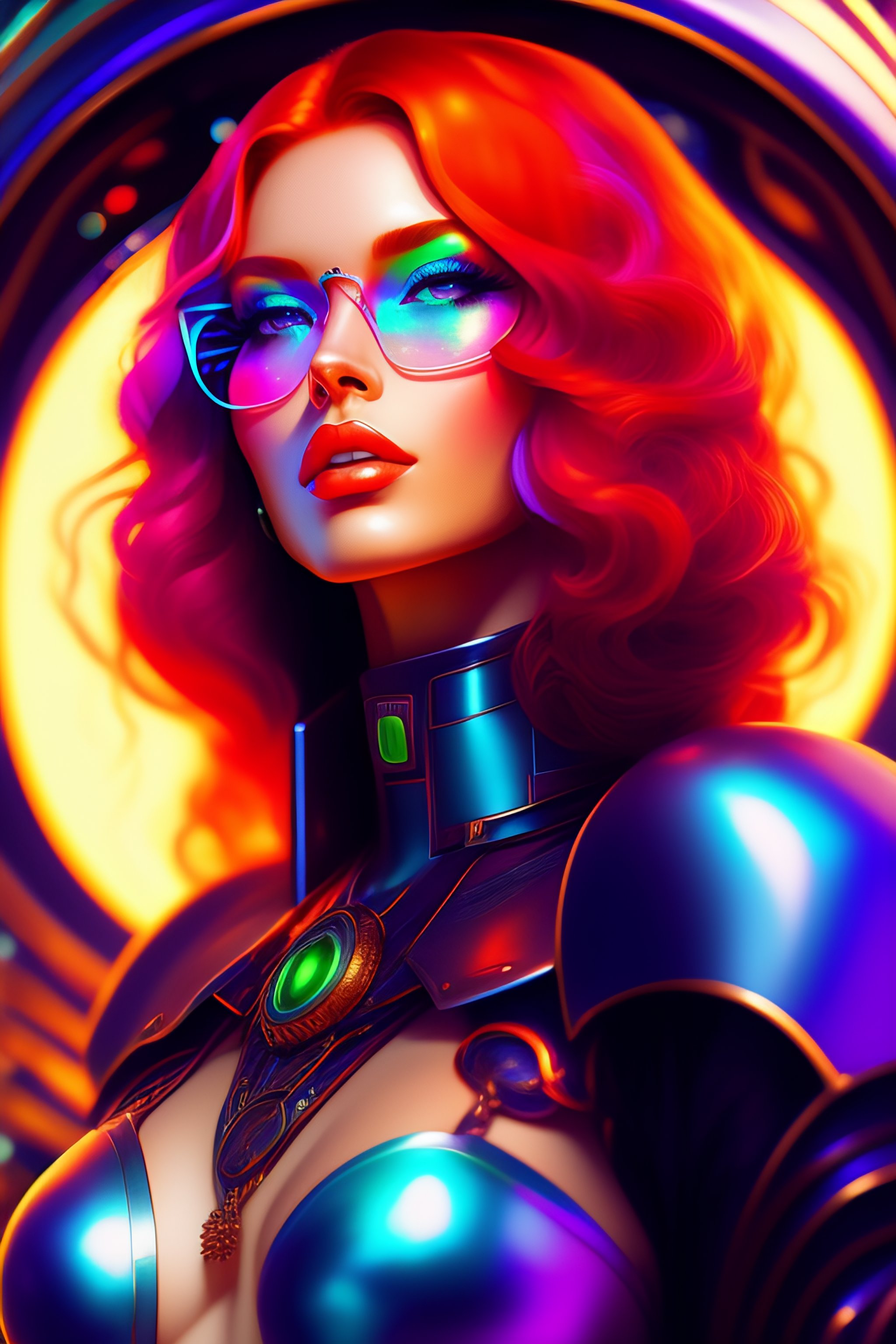 Lexica - A cybernetic goddess with red hair green eyes and glasses ...