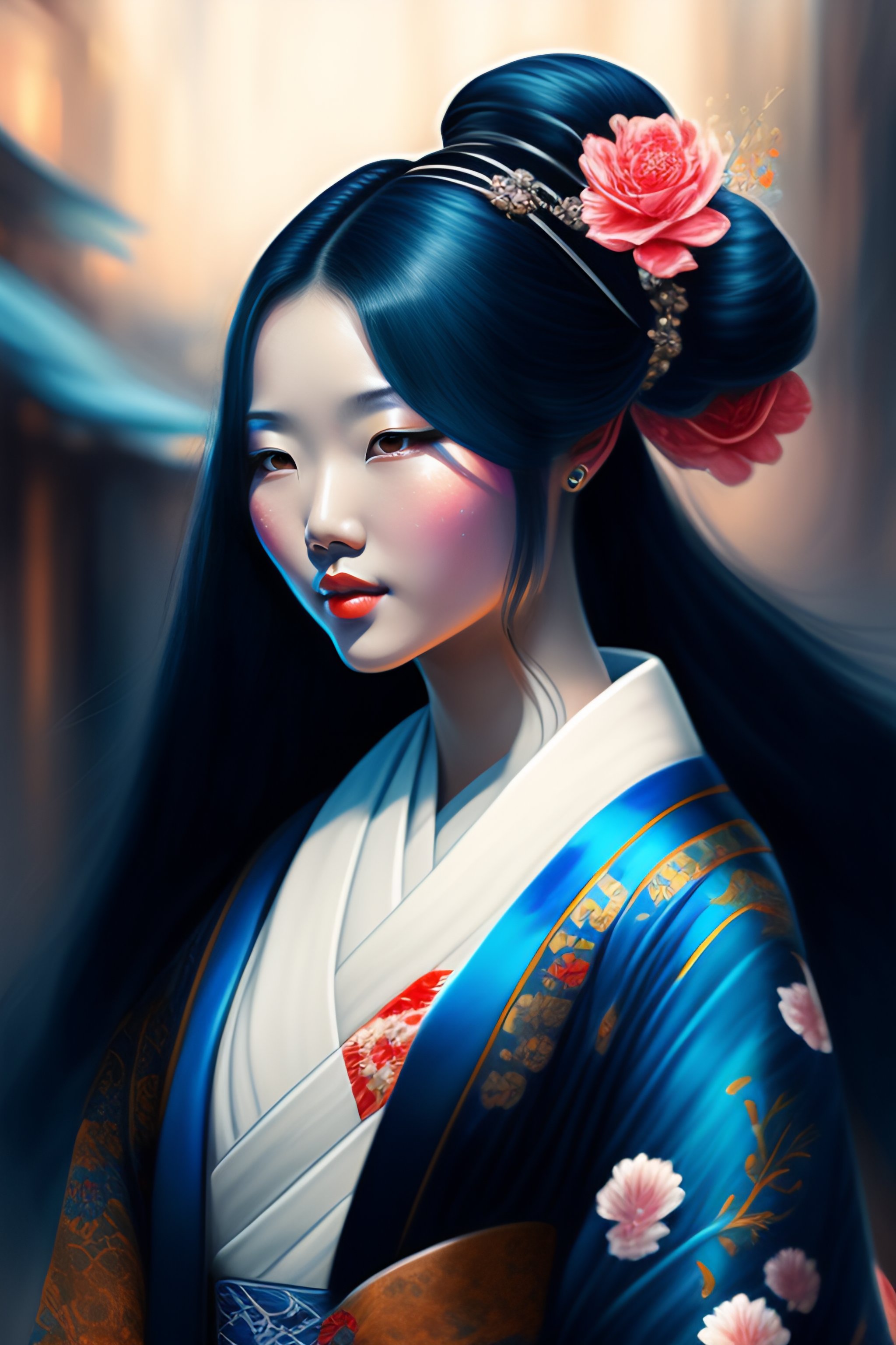 Lexica - Girl with blue kimono geisha long hair intricate, elegant ...