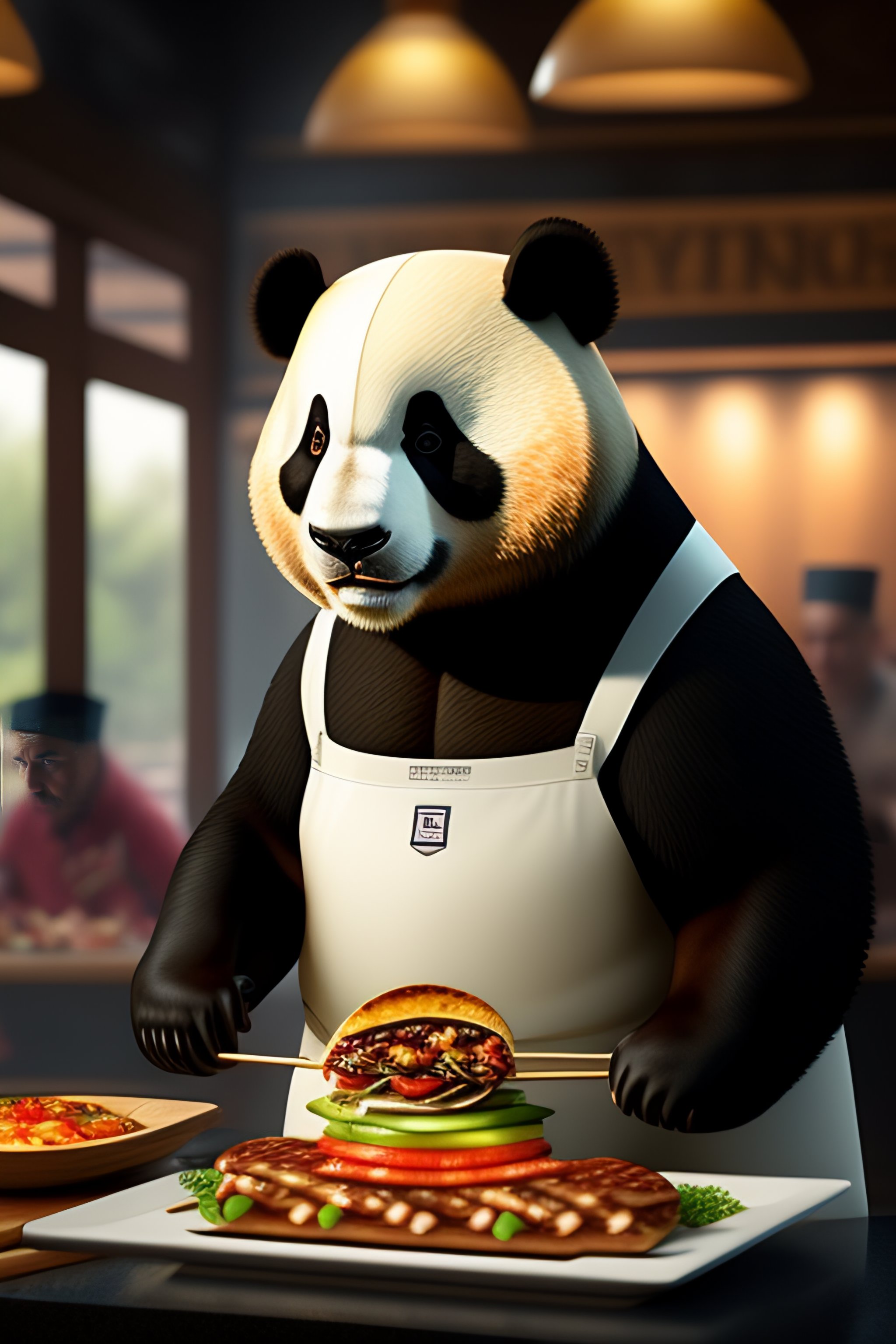 Lexica - A panda wearing a chef hat and serving a kebab in a restaurant