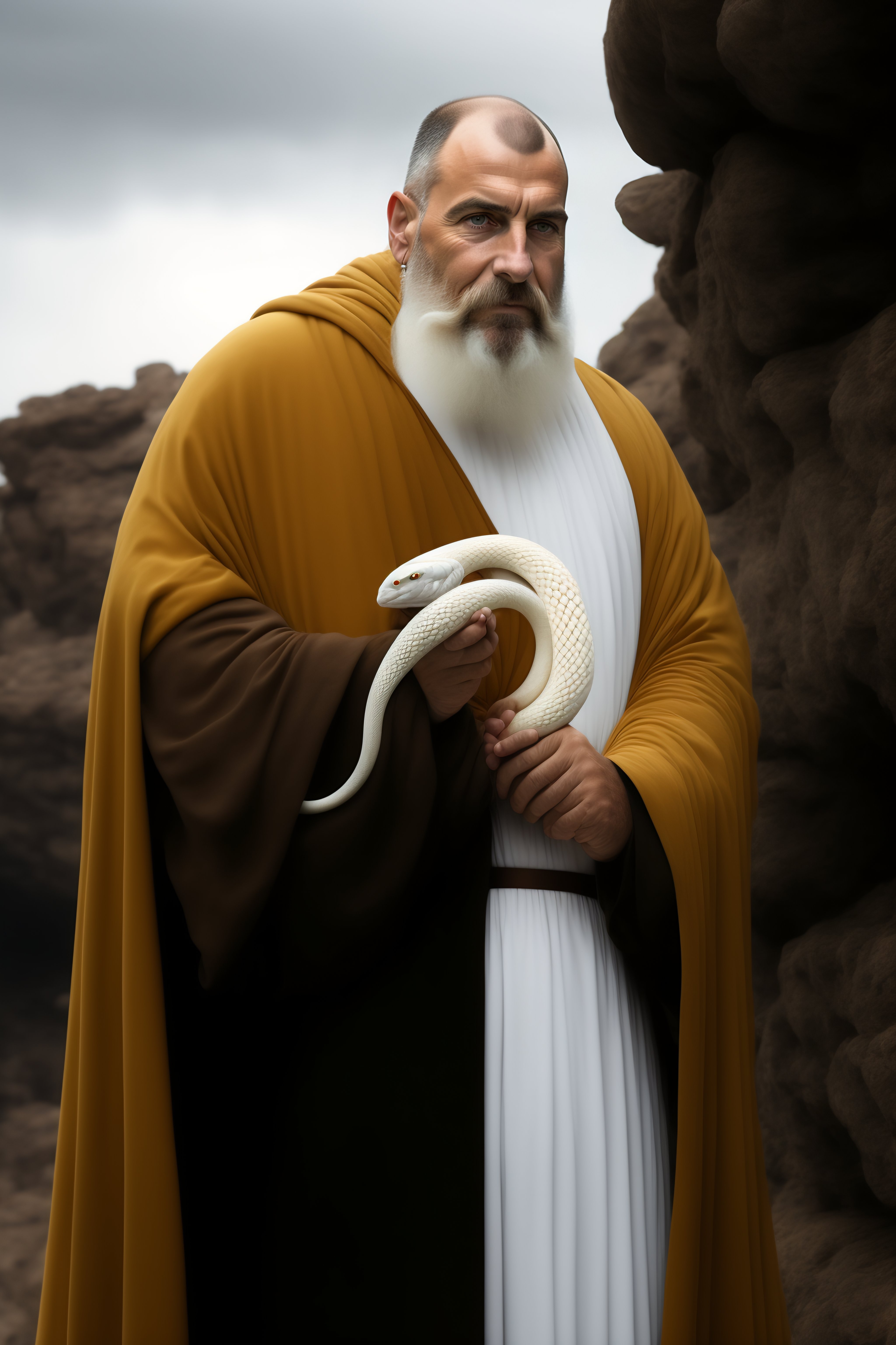 Lexica - One Greek monk in dark robe hold a staff that has a white ...