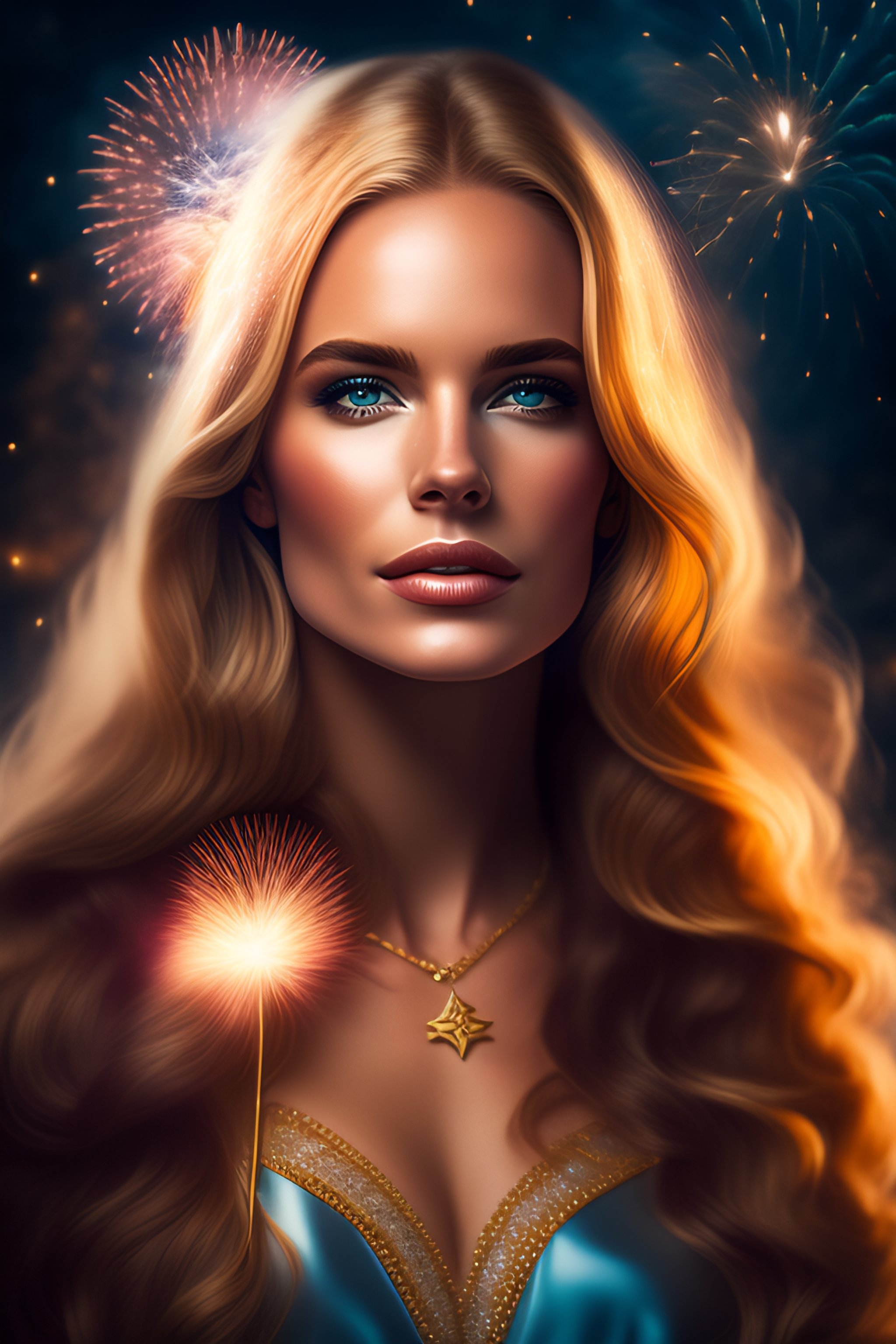 Lexica - Portrait of a woman in howarts, blonde hair, fireworks in the sky