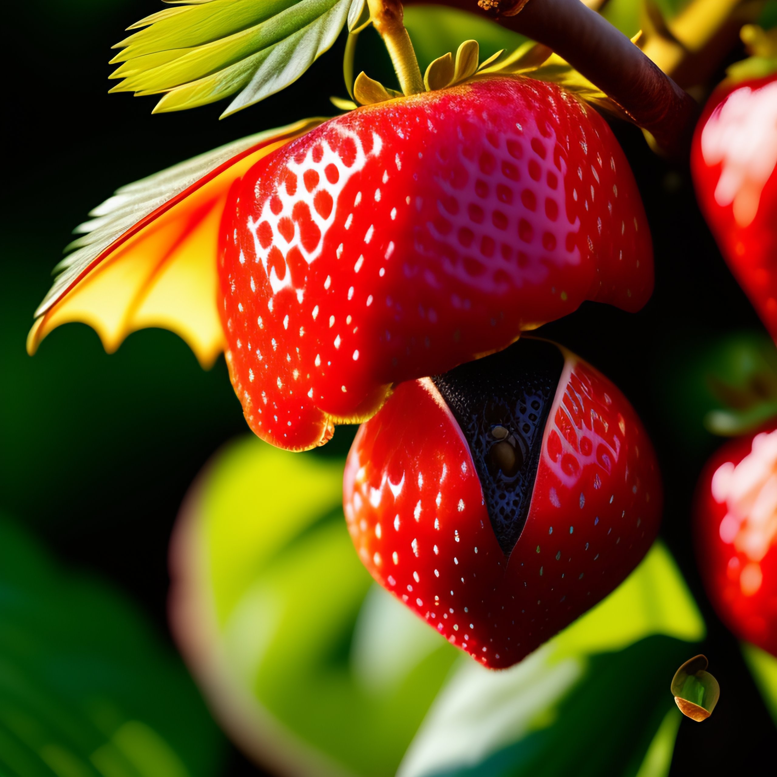 Lexica A bat eating a strawberry, in a tree, wings out, Nikon
