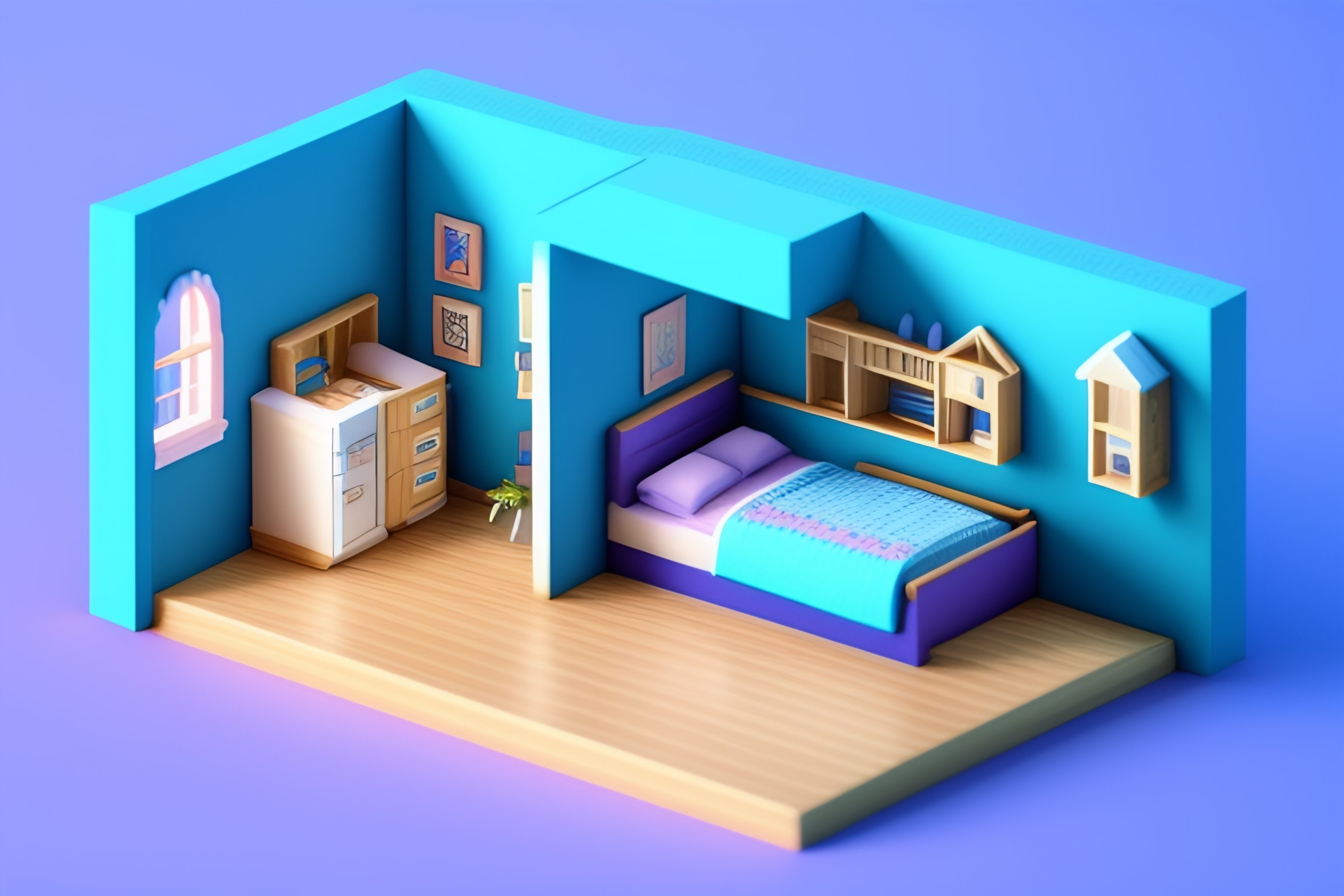 Lexica Voxel 2D sideon doll house room of a large blue children's