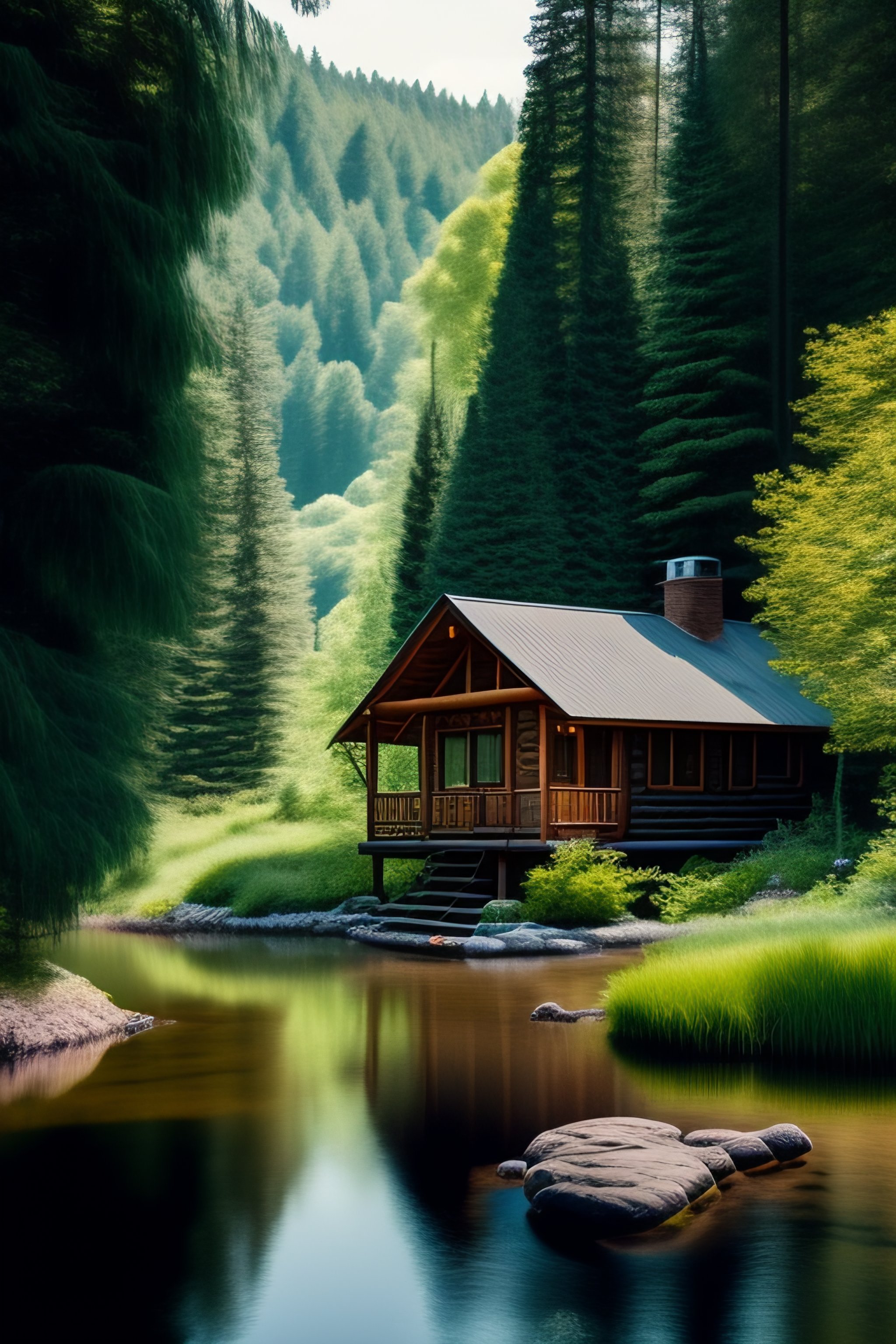 Lexica - A cozy wooden cabin sits at the edge of a peaceful river ...