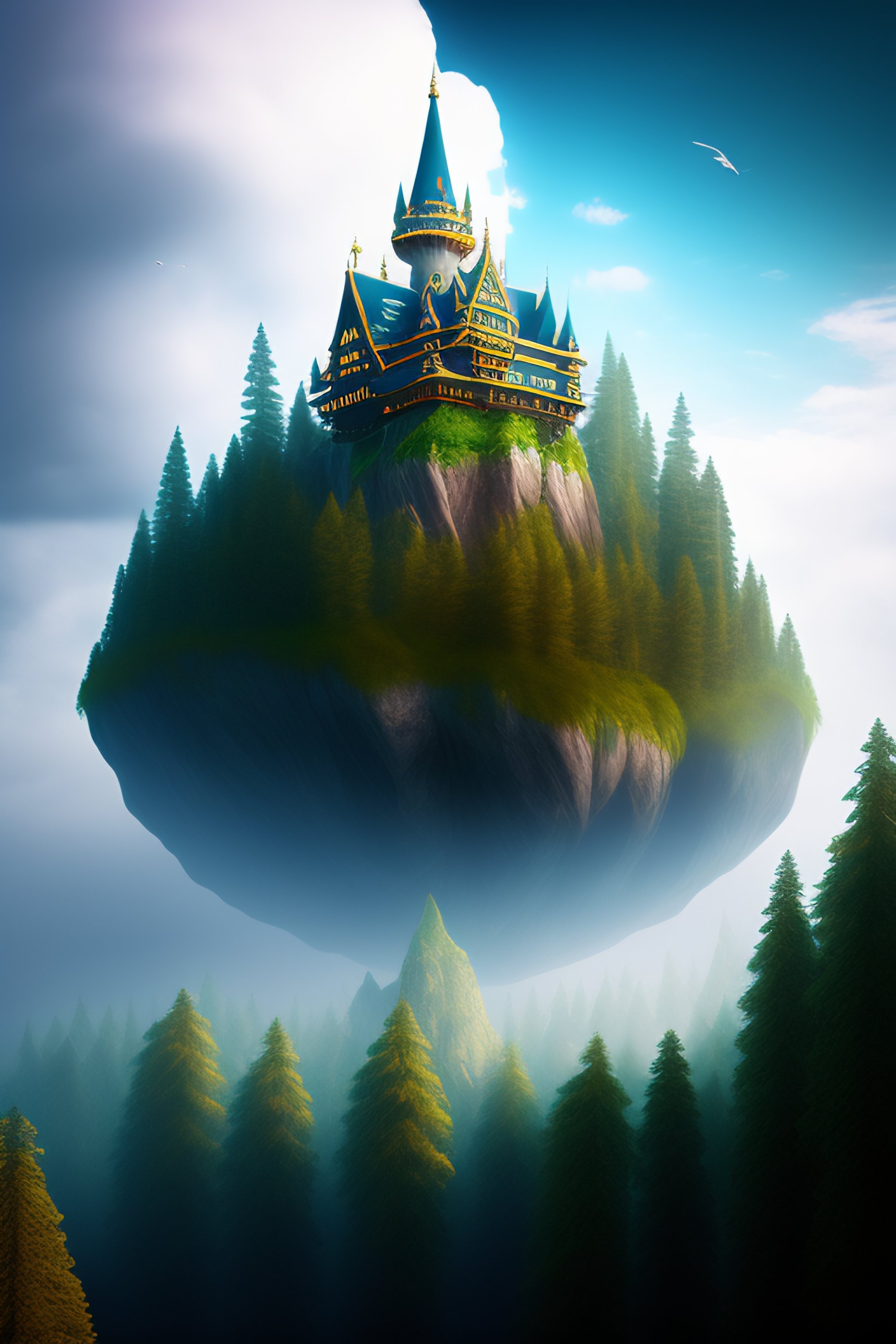 Lexica - WIzard castle floating in the sky with forests and trees beneath