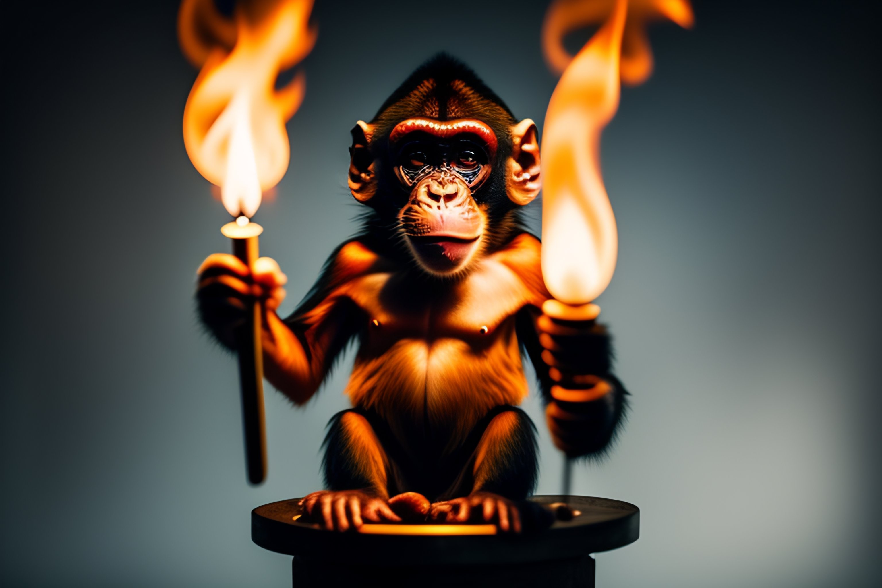 Lexica Photograph of a monkey juggling flaming torches while standing