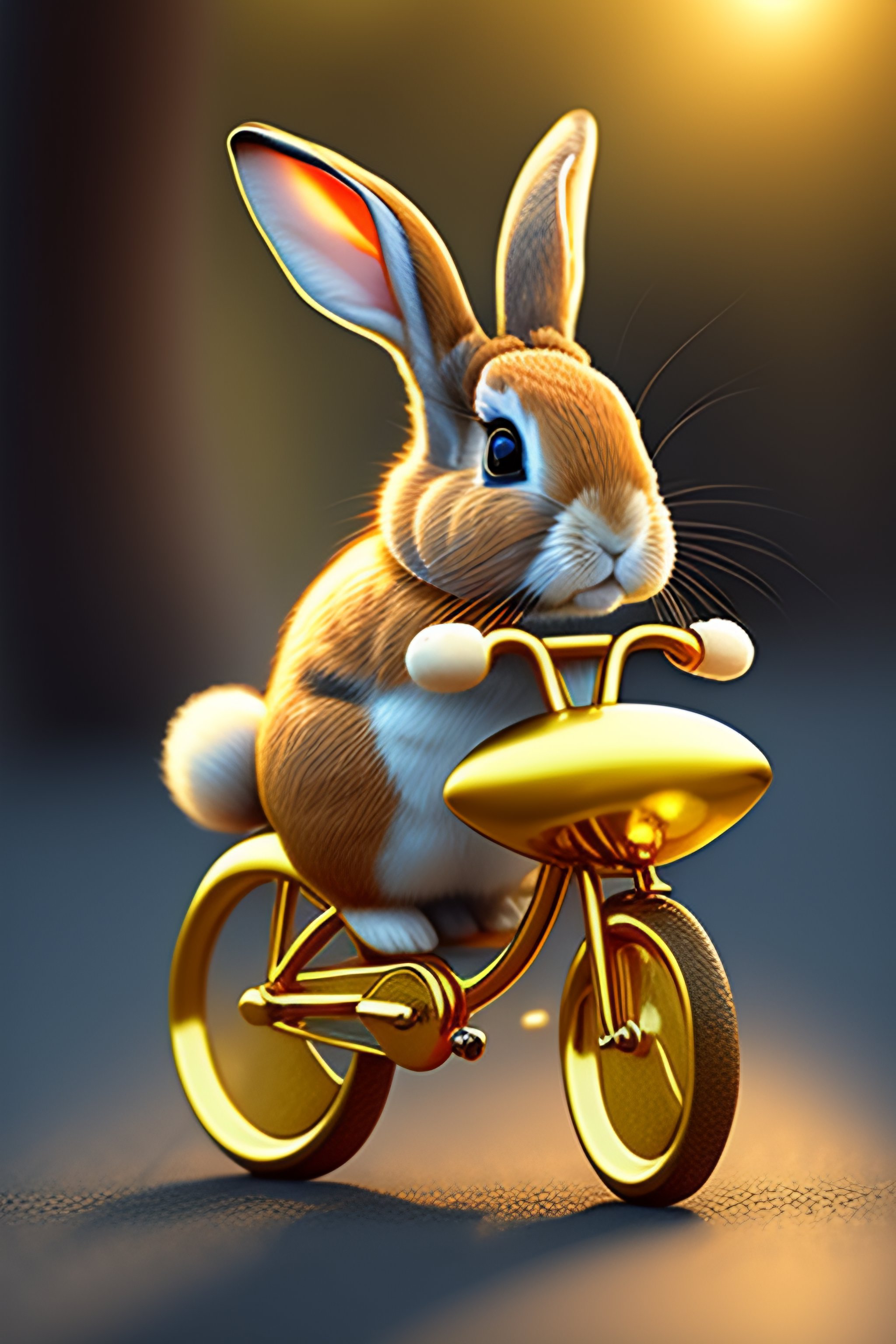 Lexica - Cute small rabbit with round golden chain and cap, riding bike