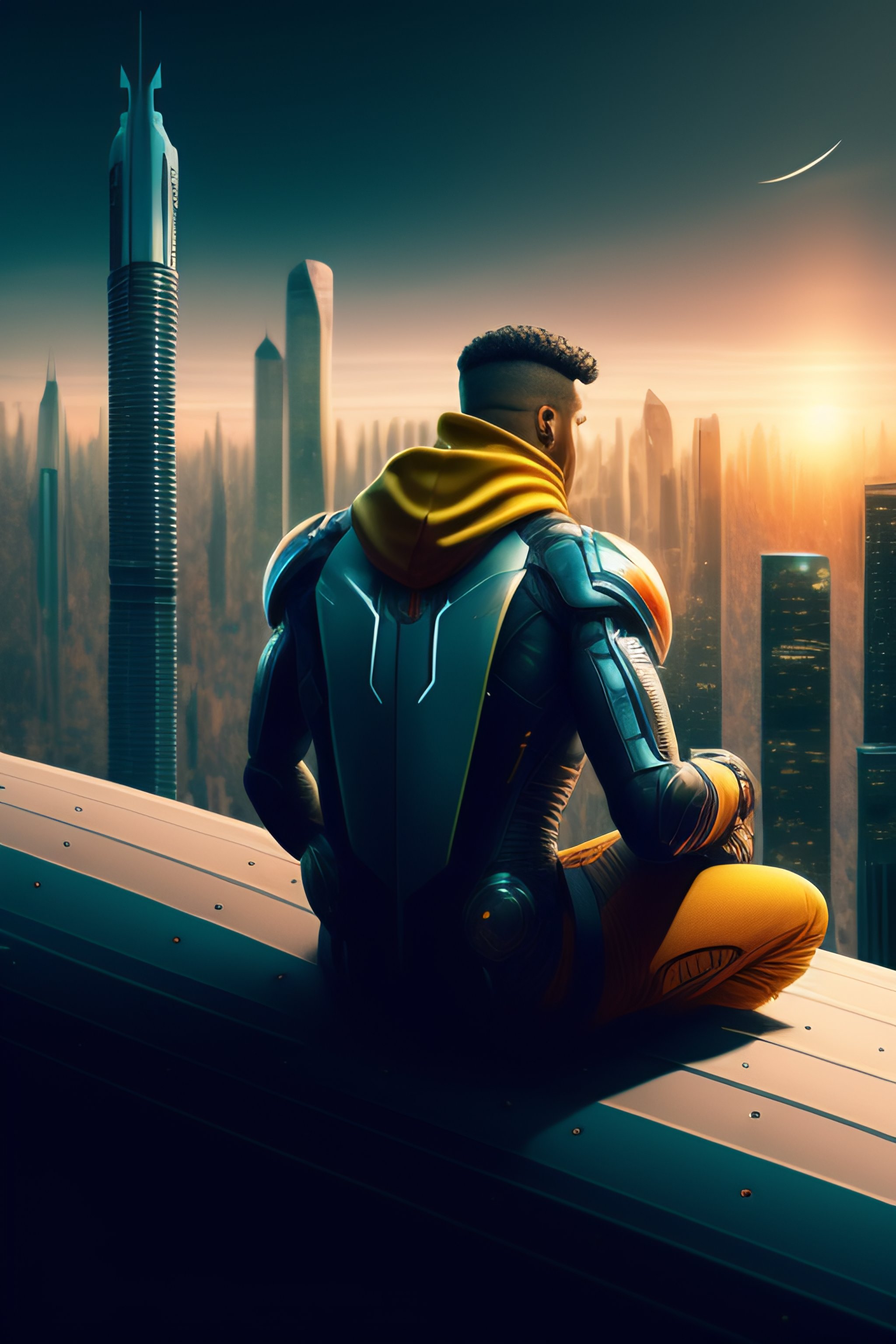 Lexica - Cyborg sitting on a roof looking down at a city below ...