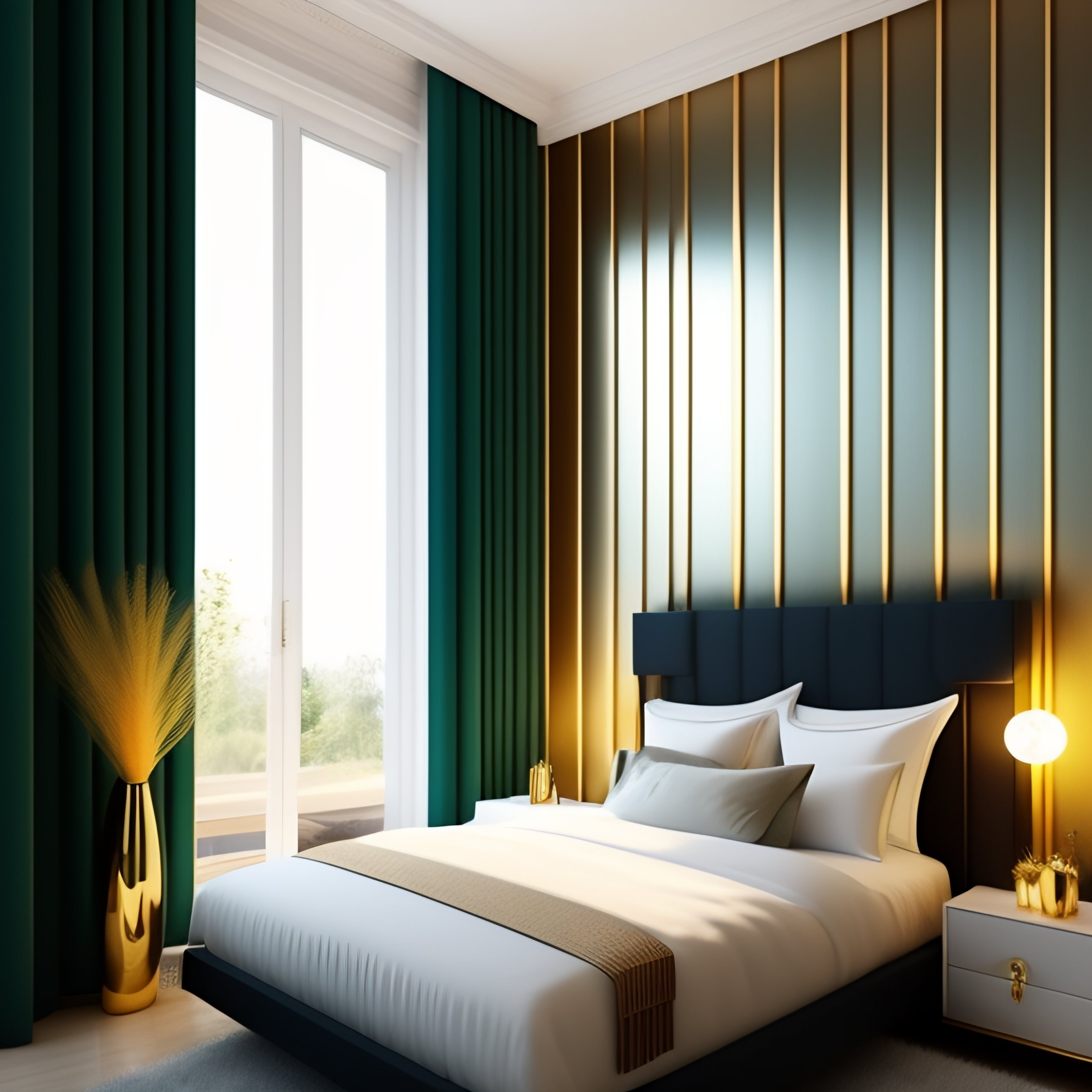 Lexica Seagreen and golden small bedroom golden tape lines on wall