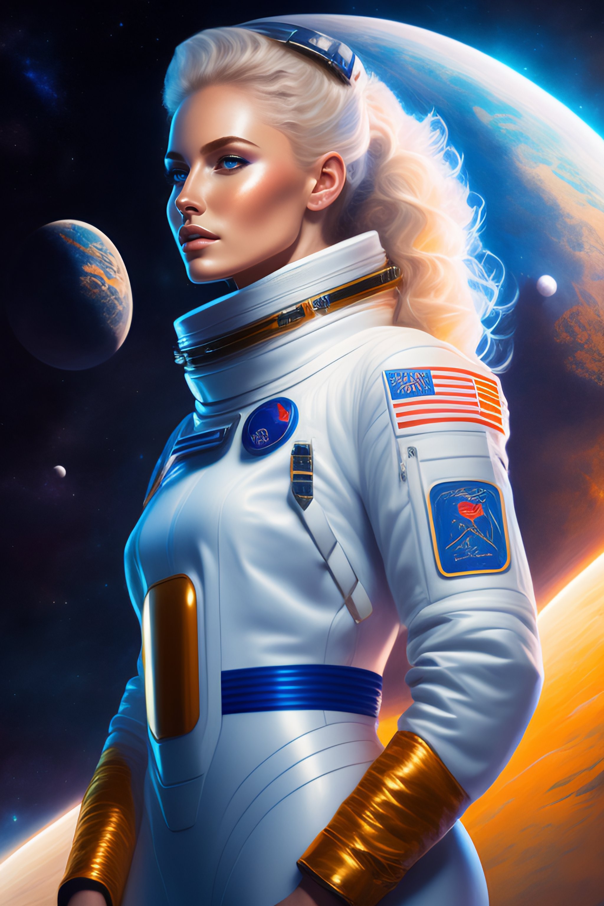 Lexica - Full length portrait of a young blonde woman as an astronaut, blue  space suit, intricate, beautiful and elegant, high detail, digital painti...