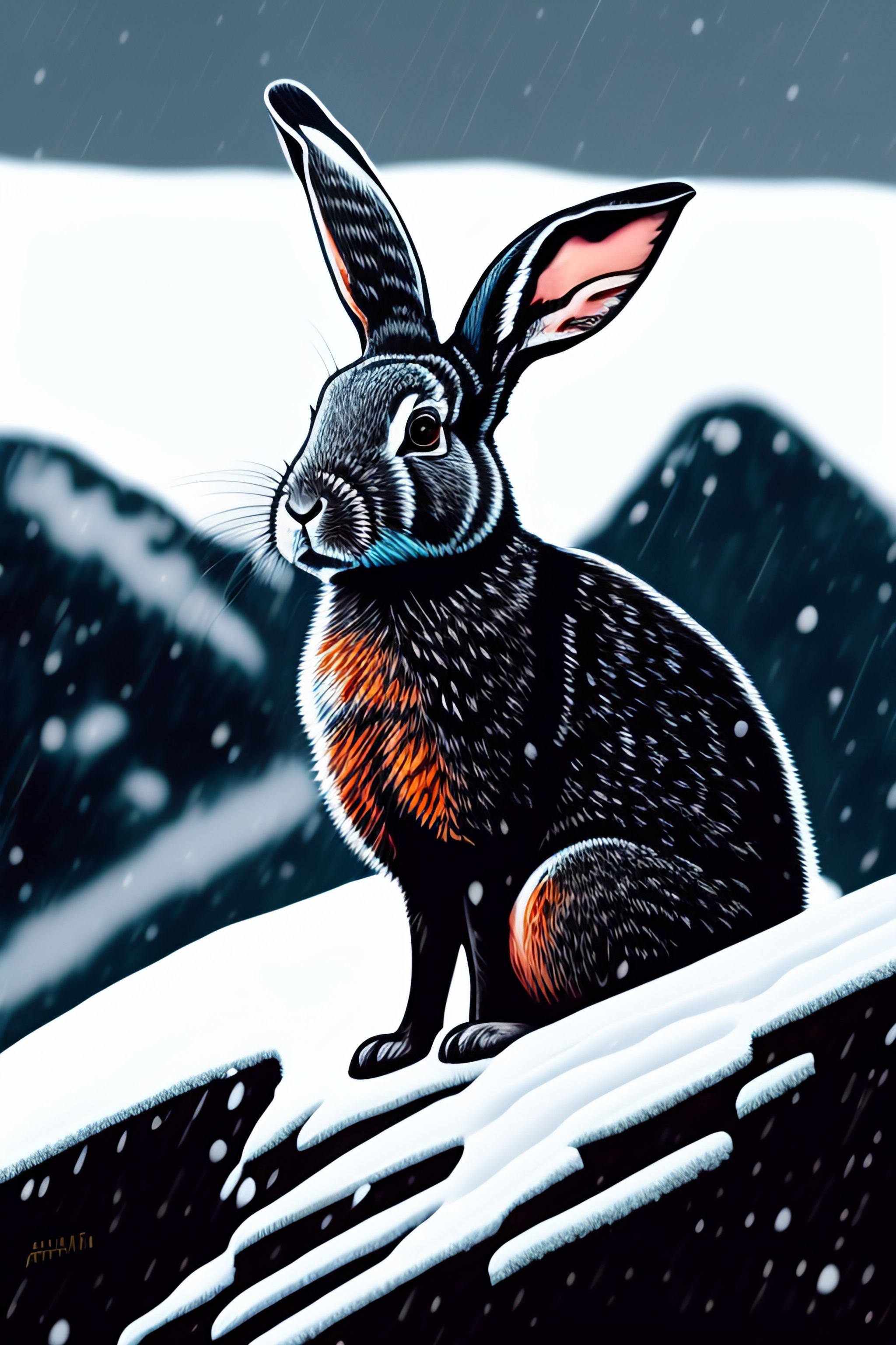 Lexica - A linocut paper print of a rabbit on top of a mountain in a ...