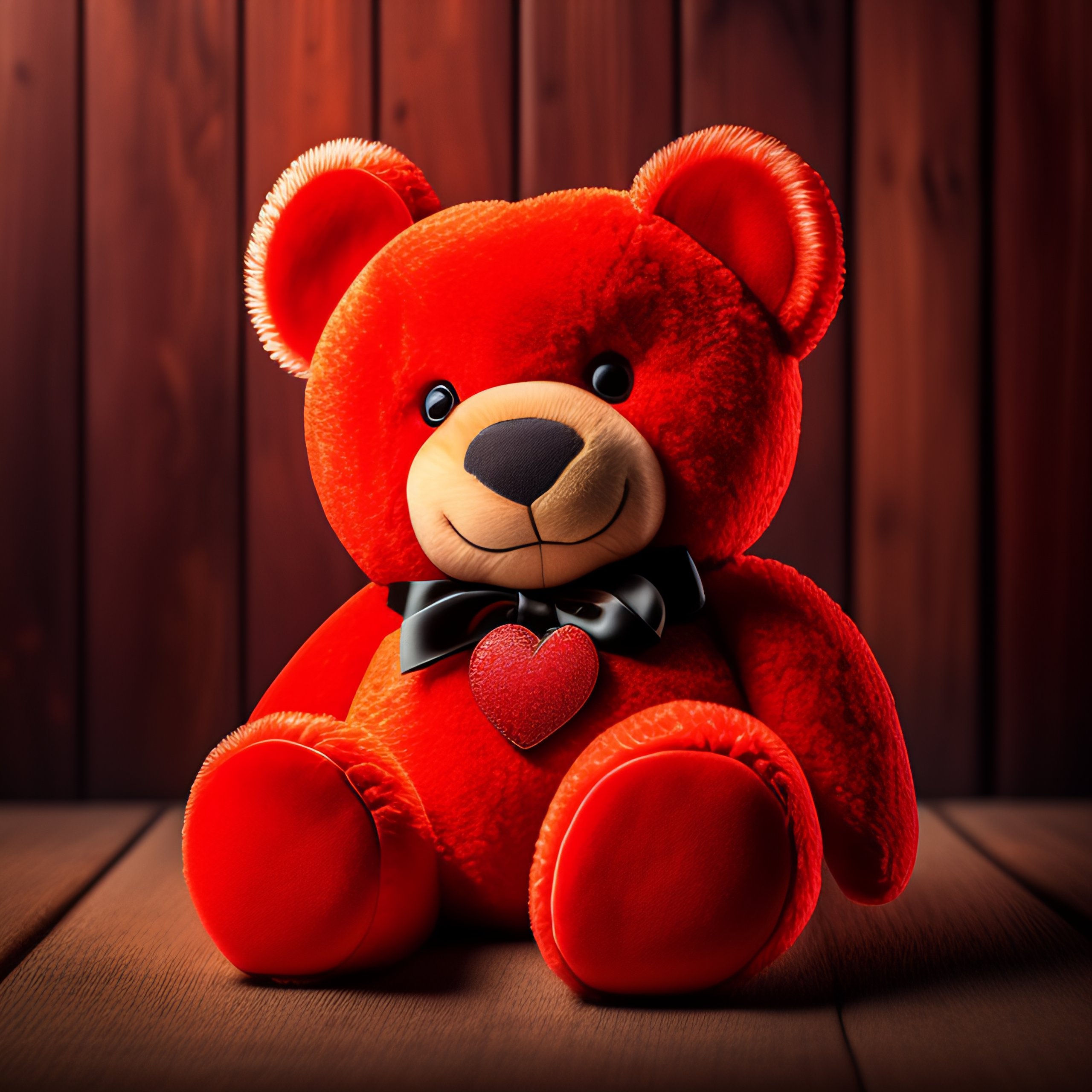 Lexica - Teddy bear with red heart on old wooden background. Valentine