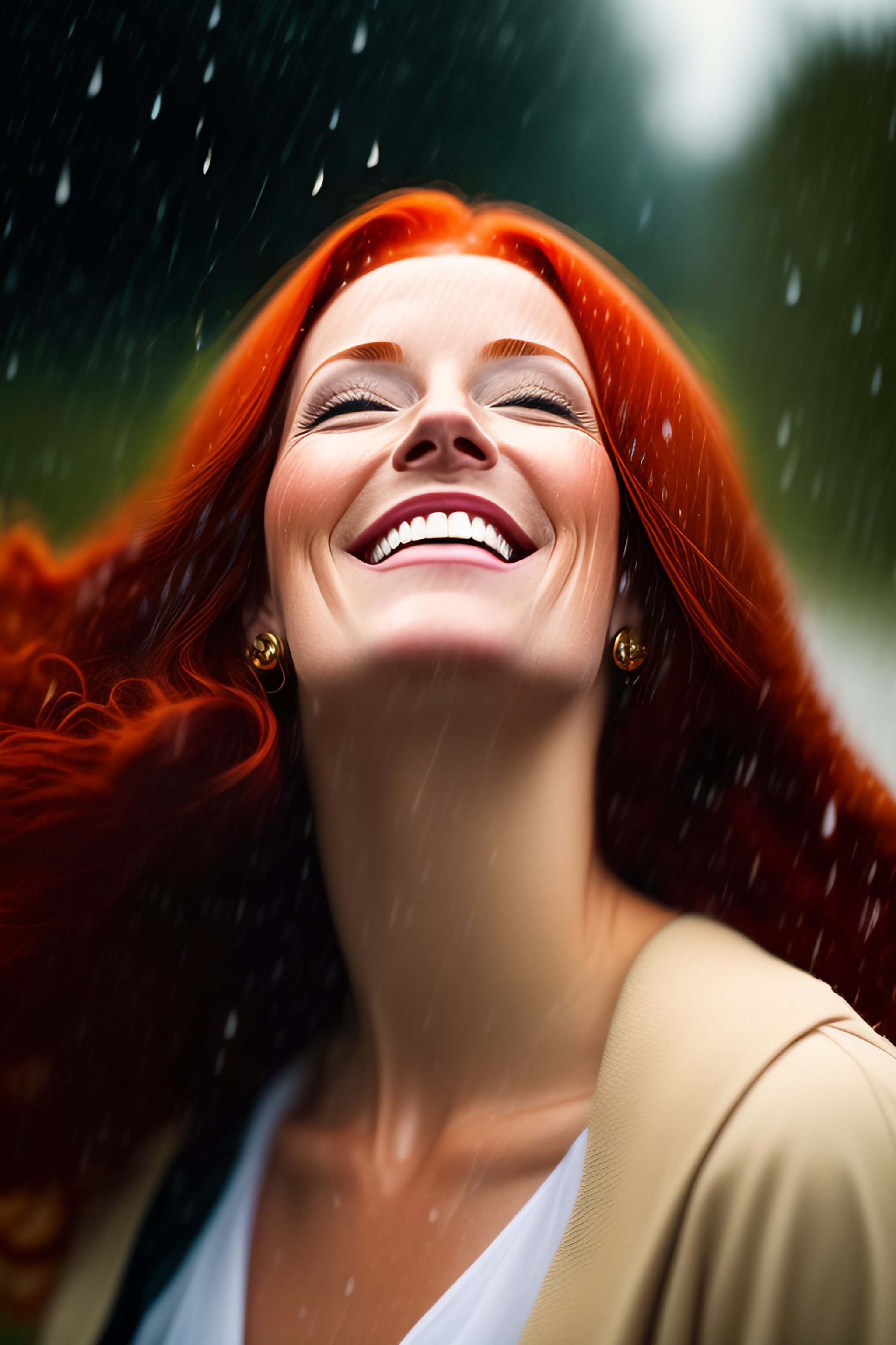 Lexica - The portrait of a red-haired woman in the rain, look up