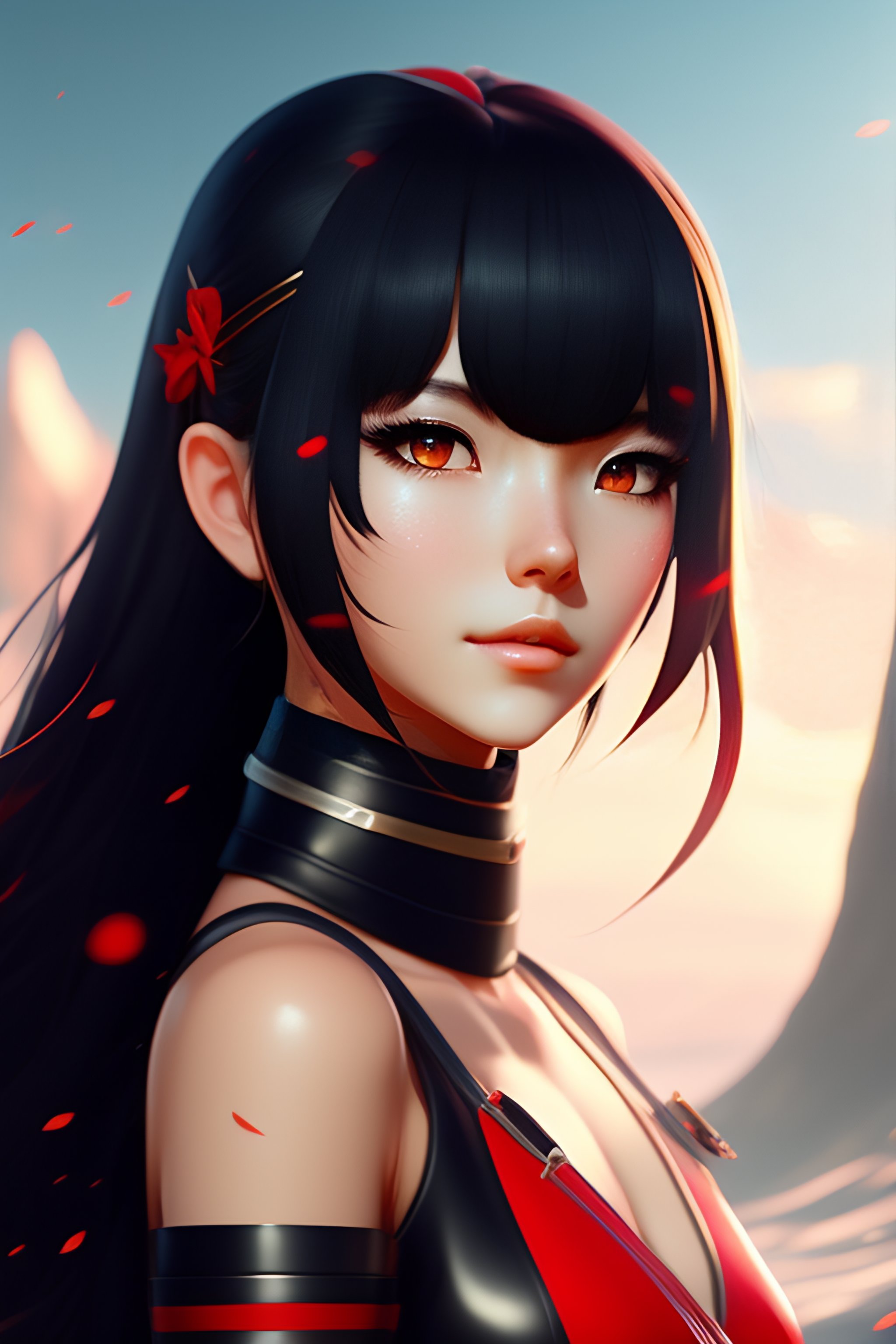 Lexica Cute Anime Girl With Red Eyes Black Hairs Flowing On The Wind Wearing Black Red Outfit 2461