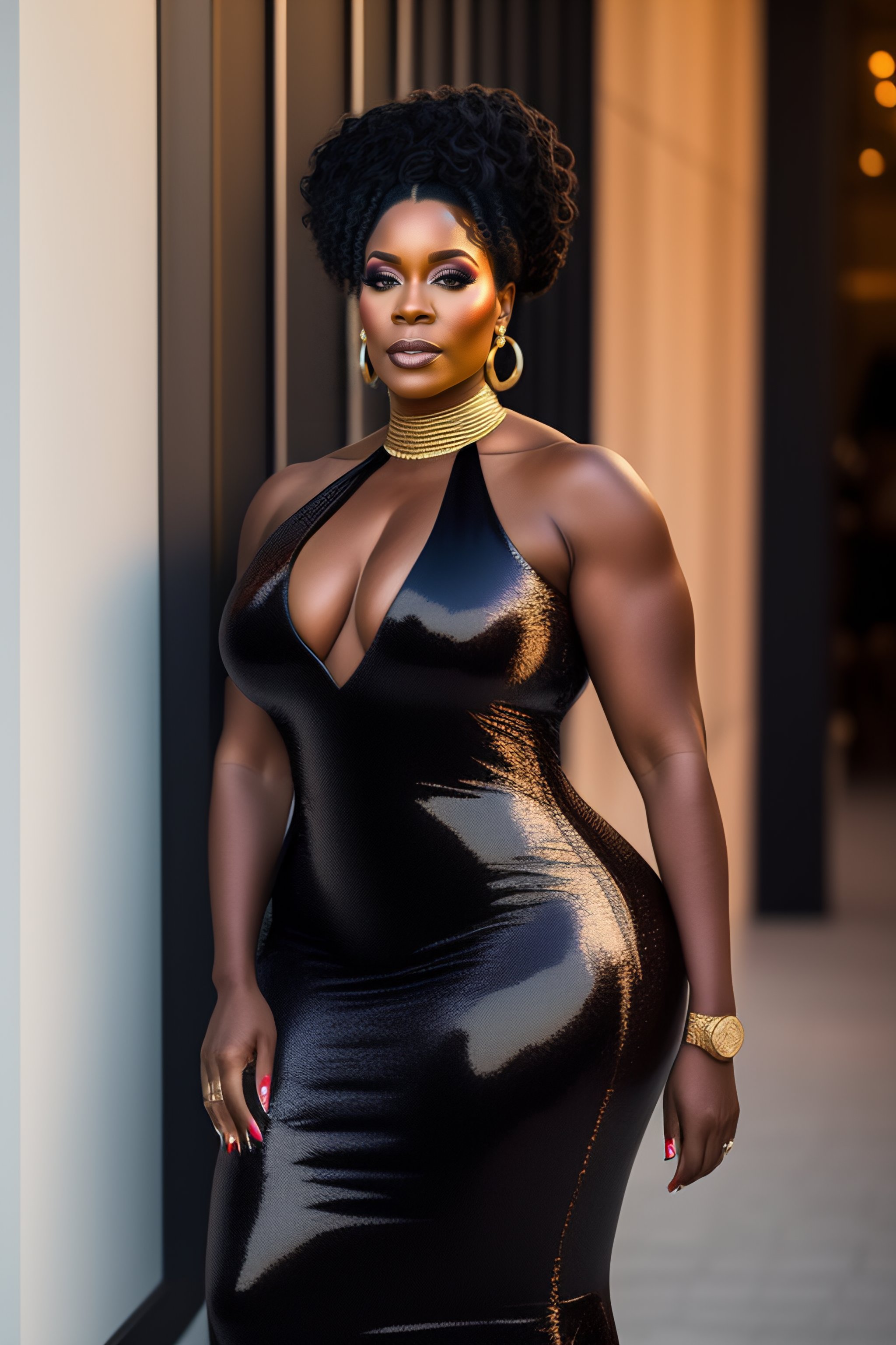Lexica - Full body studio picture of a 50 year old average size black woman  in low cut dress