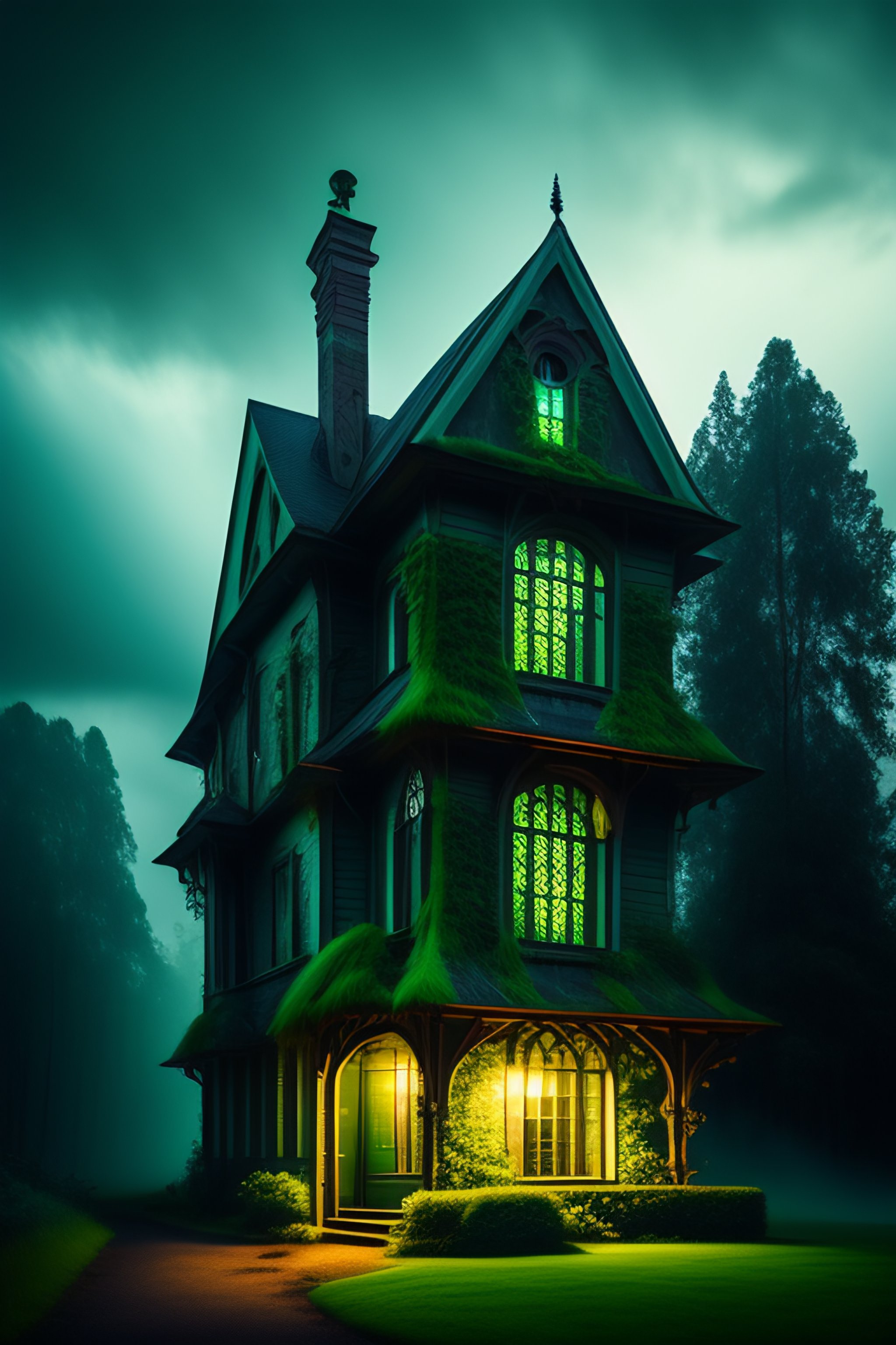 Lexica - Creepy old mansion in middle of forest at night, with cloudy ...