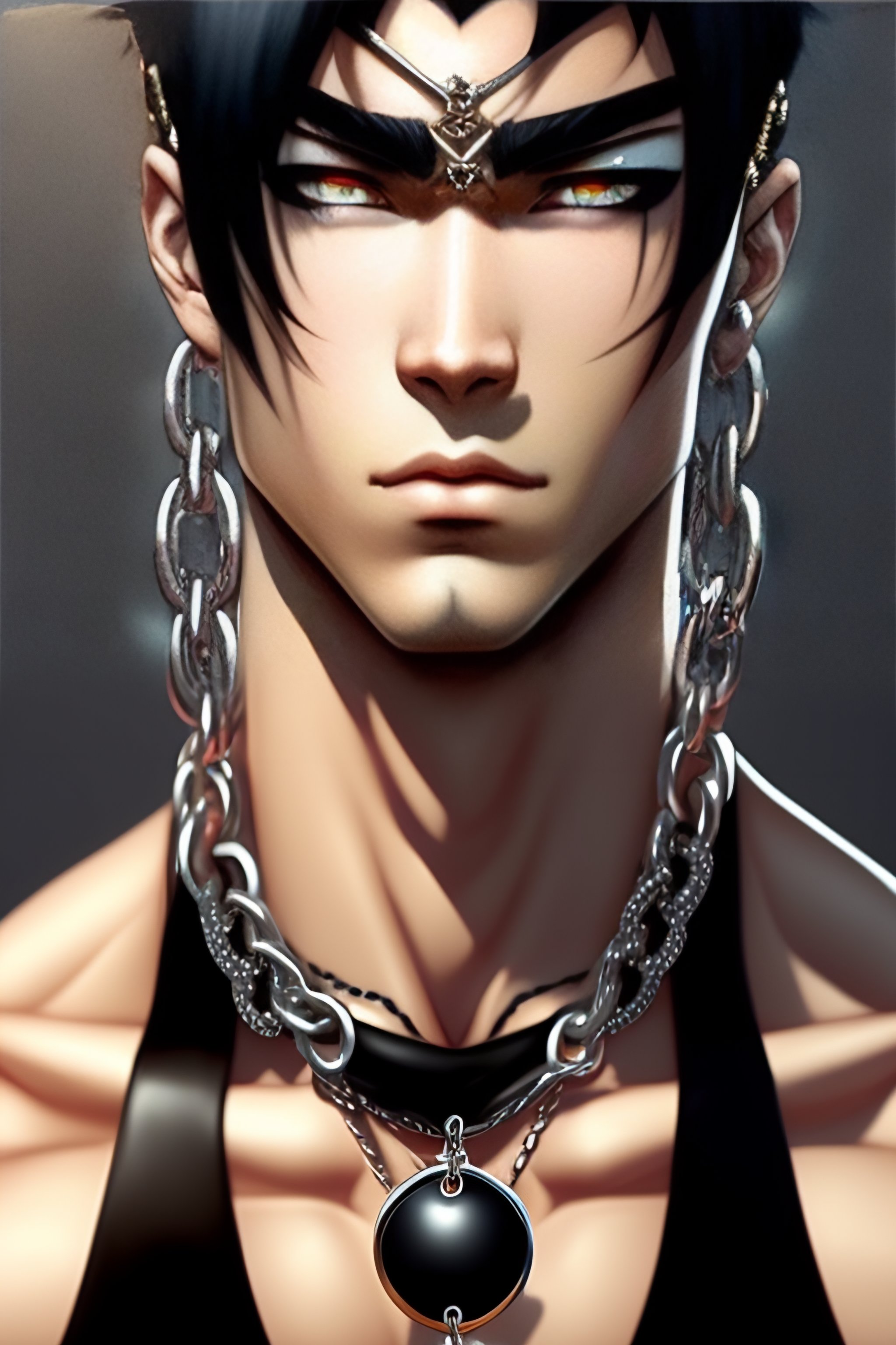 Lexica - Muscle , perfect , proportioned ,, Anime Young Guy, with black  hair, white skin, 8k, anime style, bold, lots of different piercings, a  litt