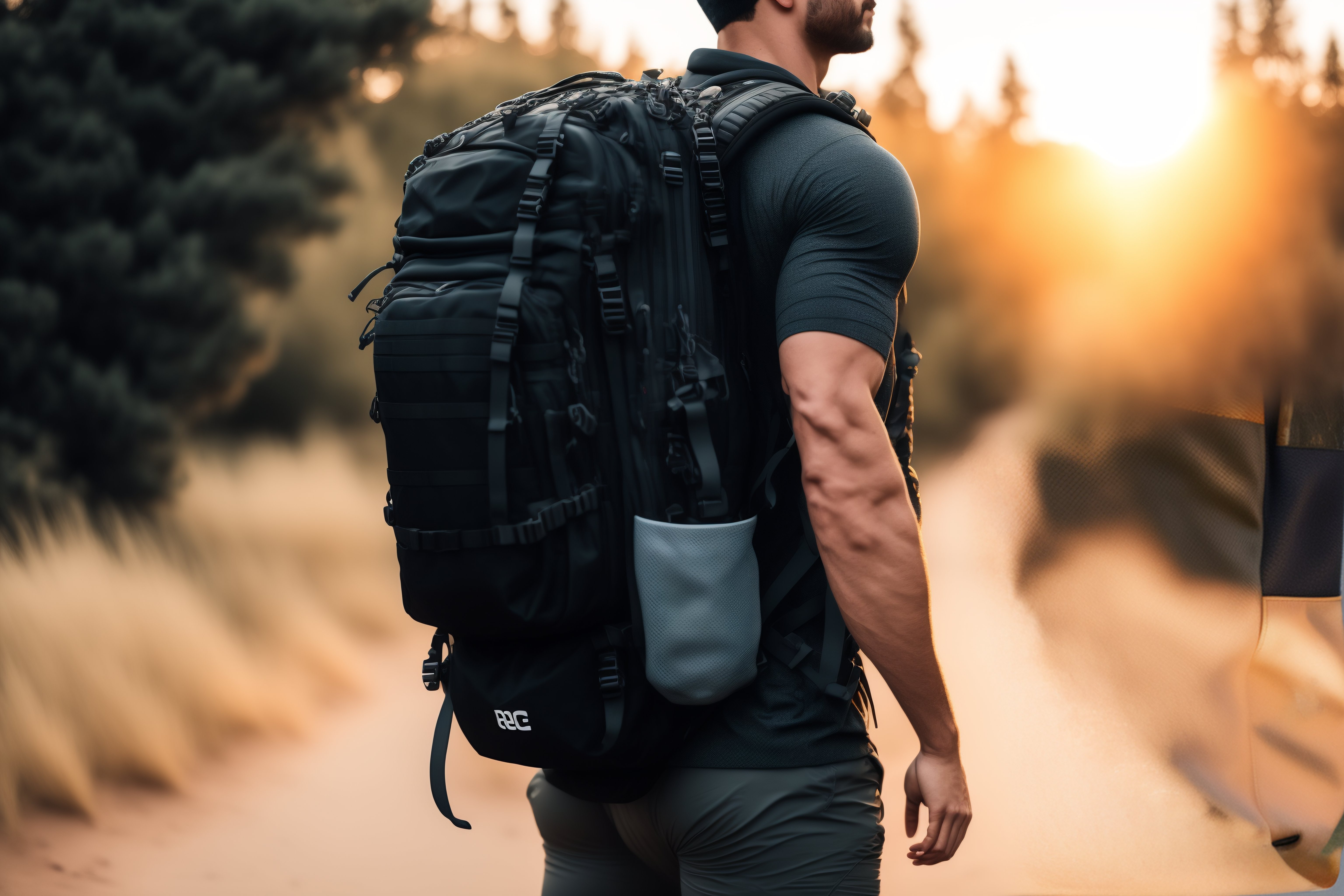 Lexica Illustrate a person doing rucking with a weighted backpack