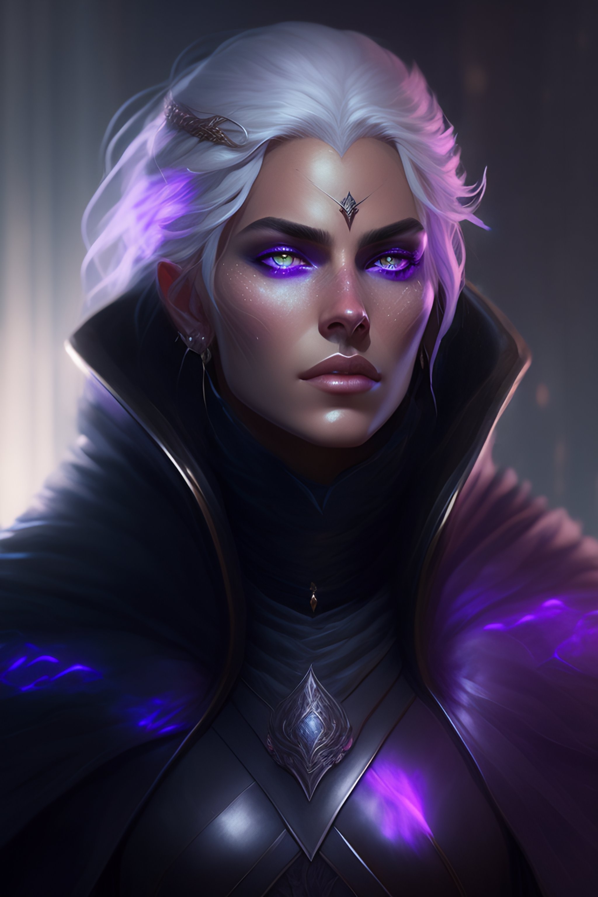 Lexica - Portrait of a zwx with glowing purple eyes, silver hair ...