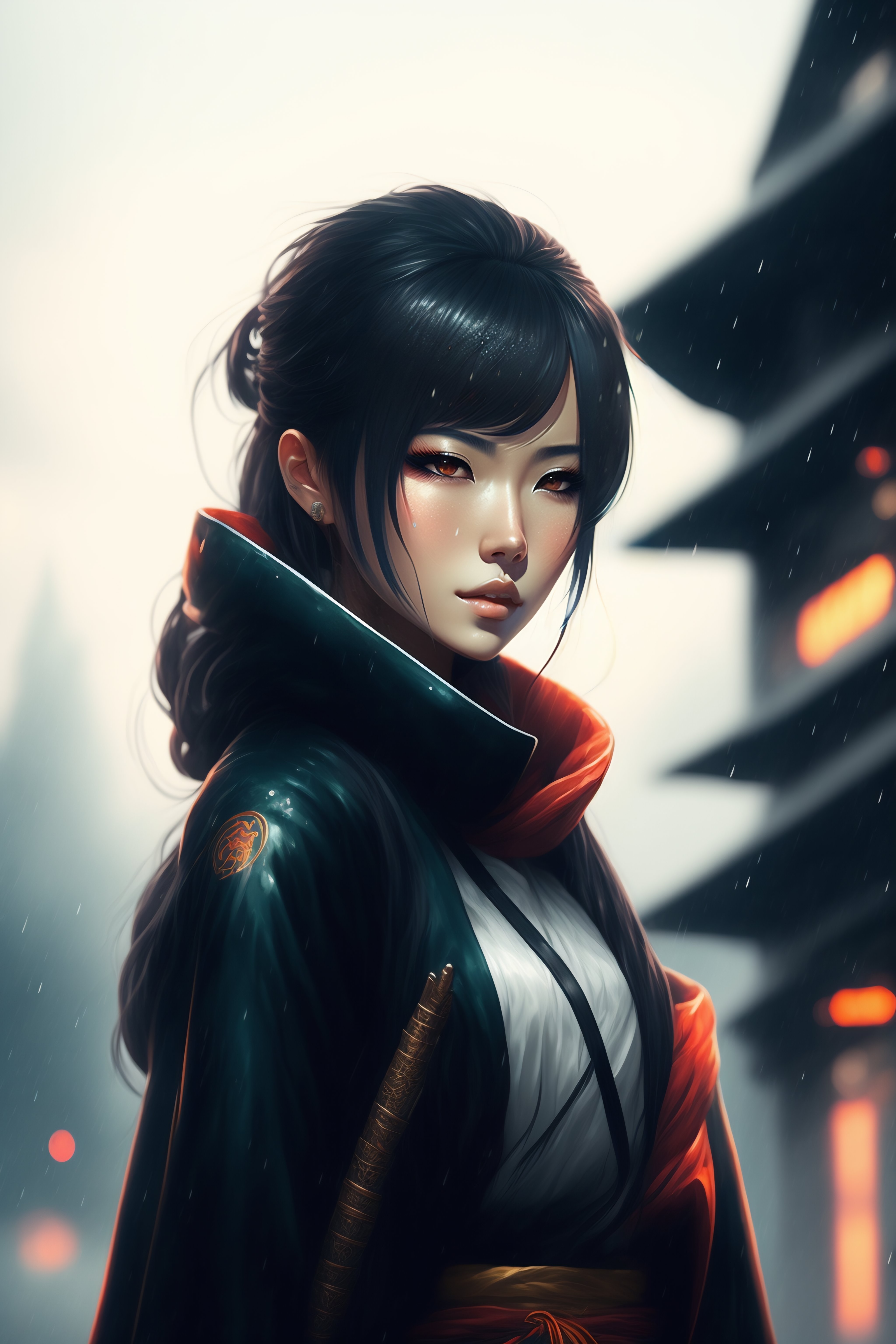 Lexica - Anime samurai girl standing in the rain in the style of guweiz