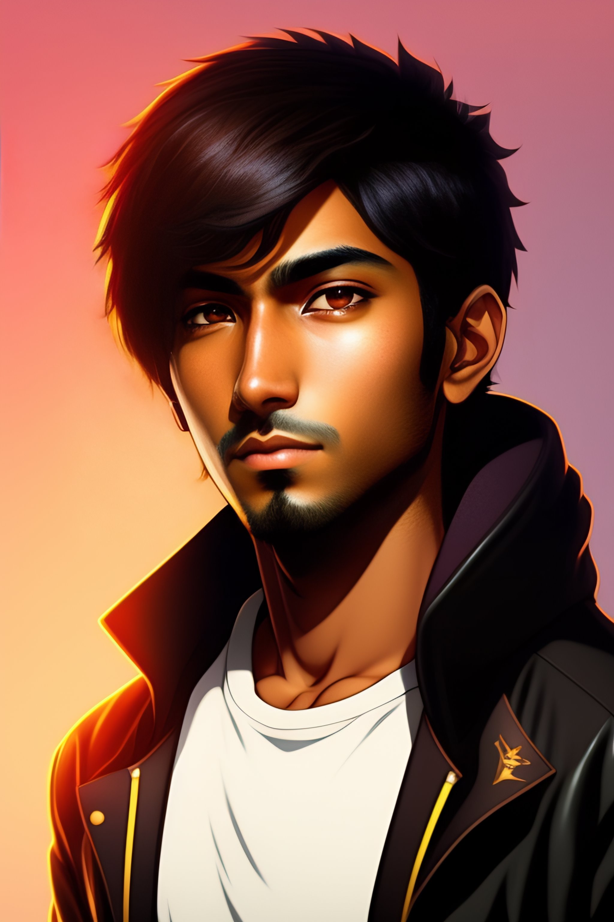 Lexica - Anime brown guy, indian, coder, brown face, jacket, light brown  skin, hacker, no expression, no emotion, no background, anime style, manga,  ...