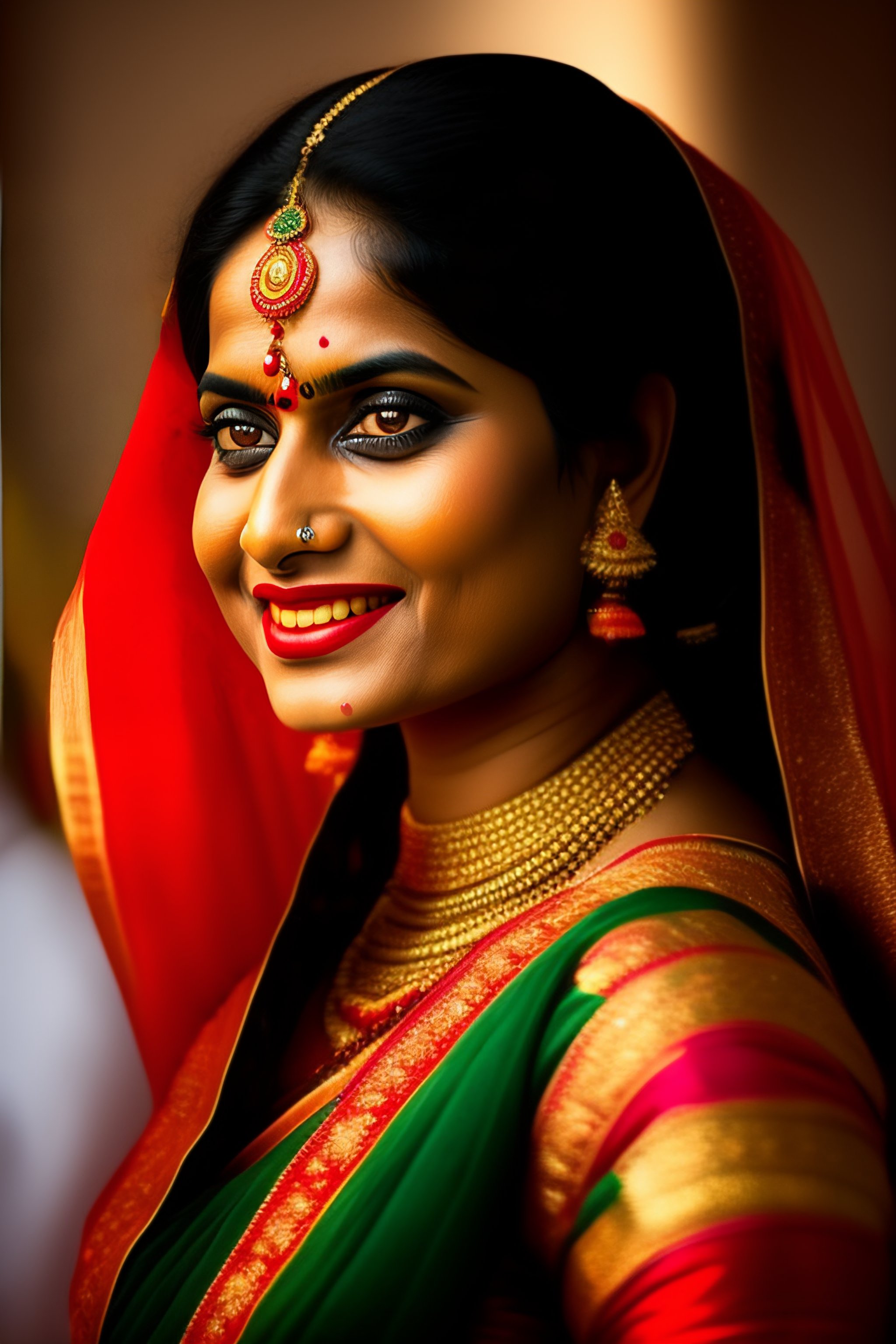 Lexica A traditional Bengali woman, evil eyes, mouth open showing
