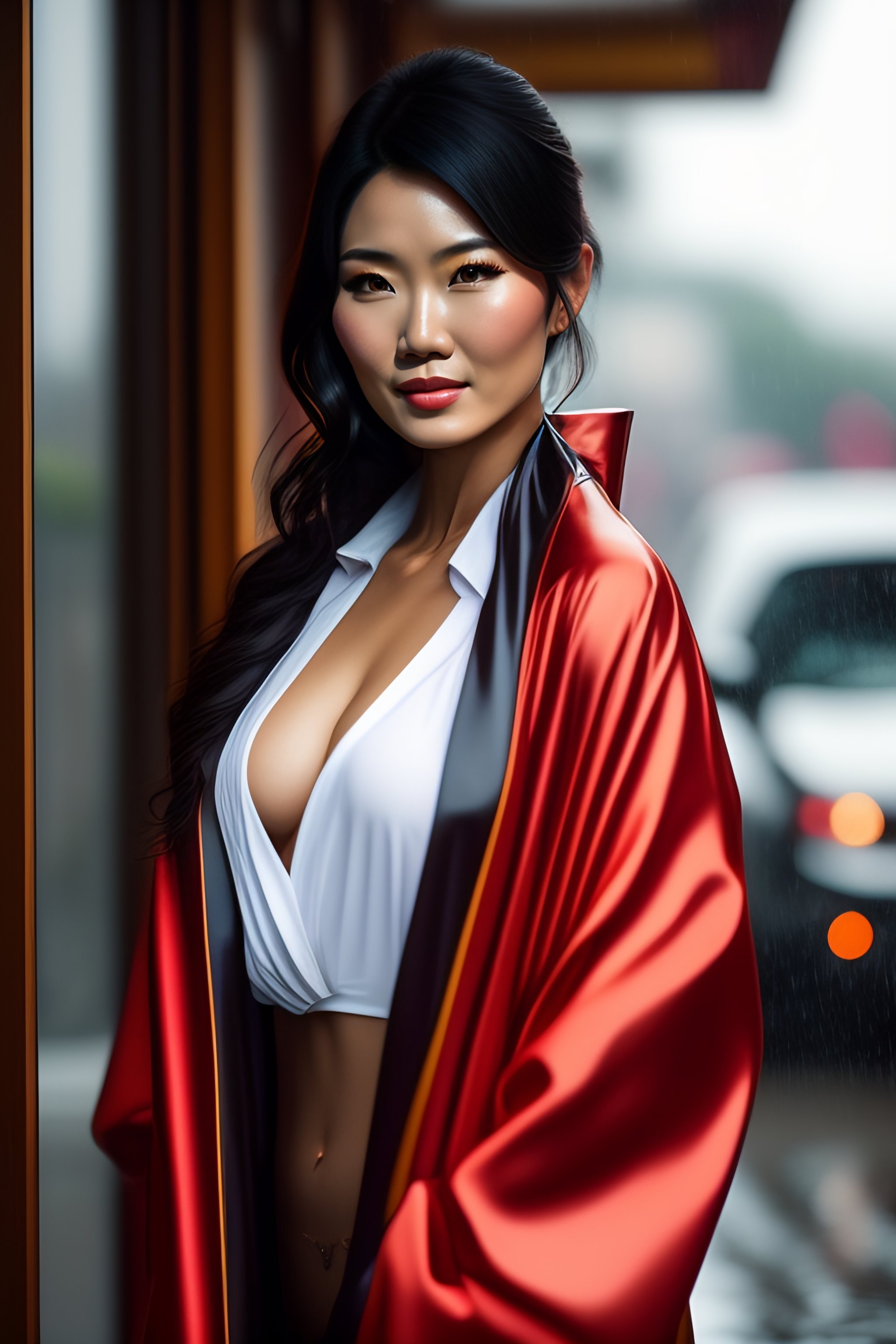Lexica Shapely Asian Woman Wearing Wet Kimono Stormy Day