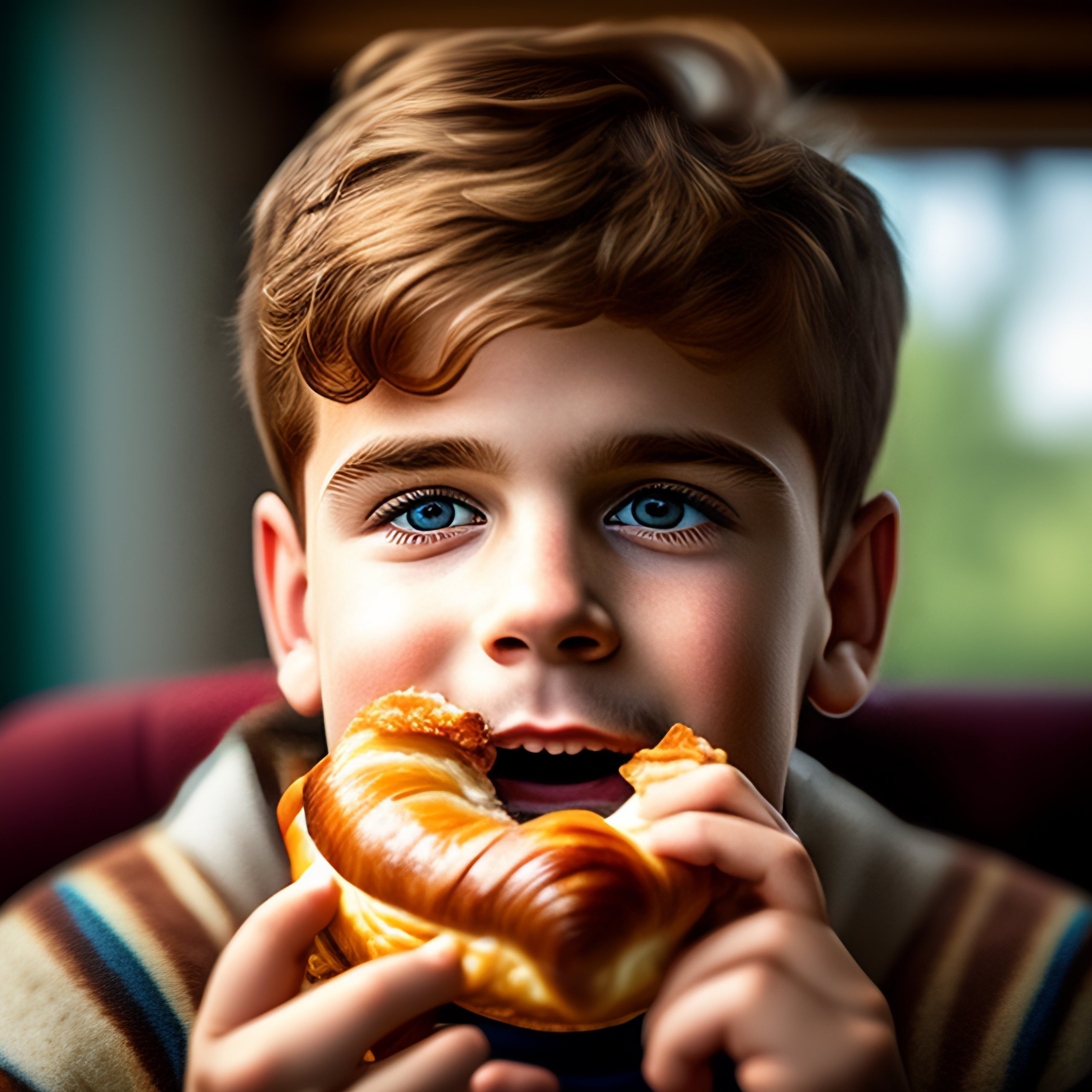 Lexica A young man eating a chocolate croissant, in a hurry sense