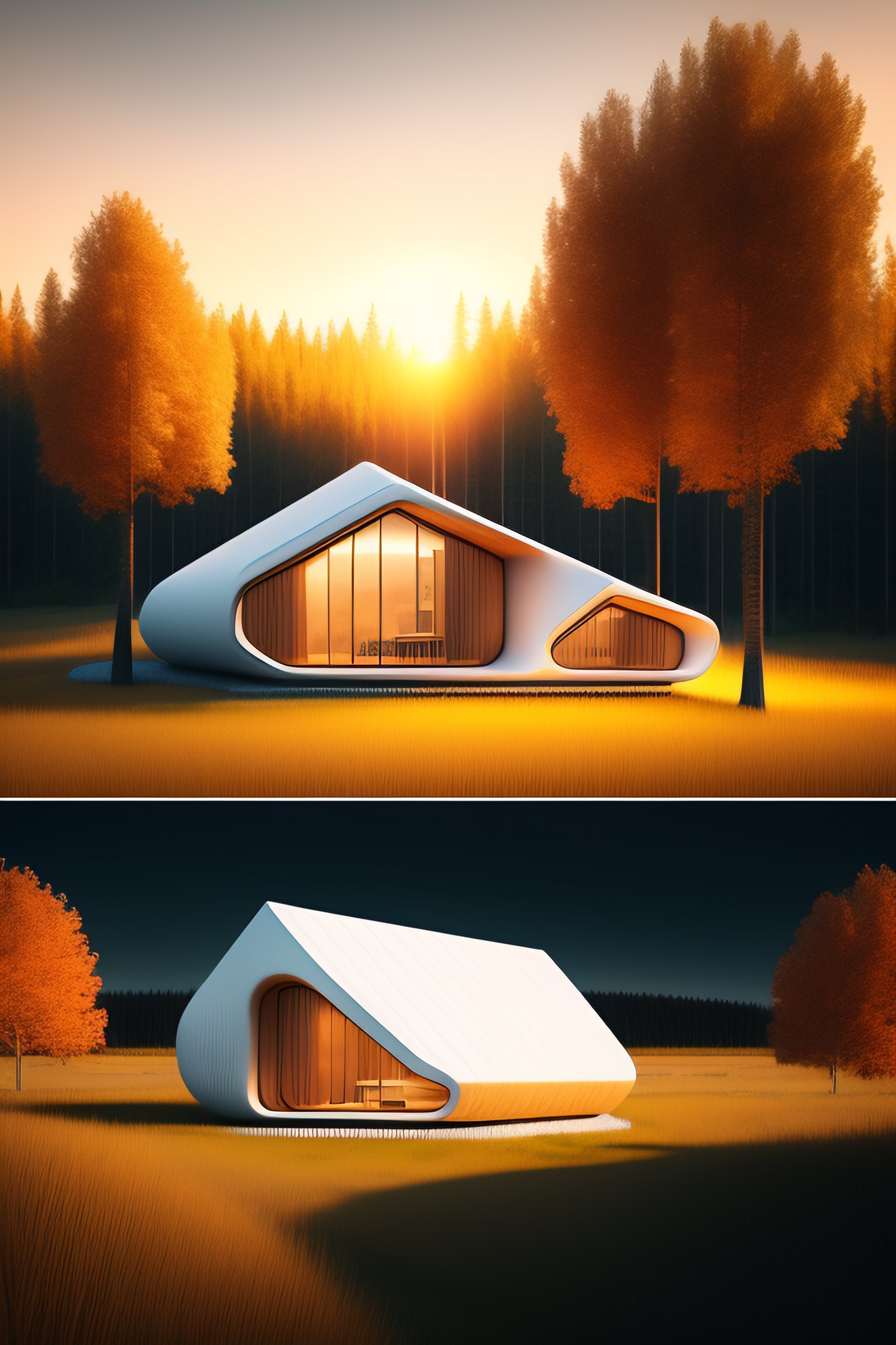 Lexica - A wide image of a full innovative 3D contemporary cabin, hyper ...