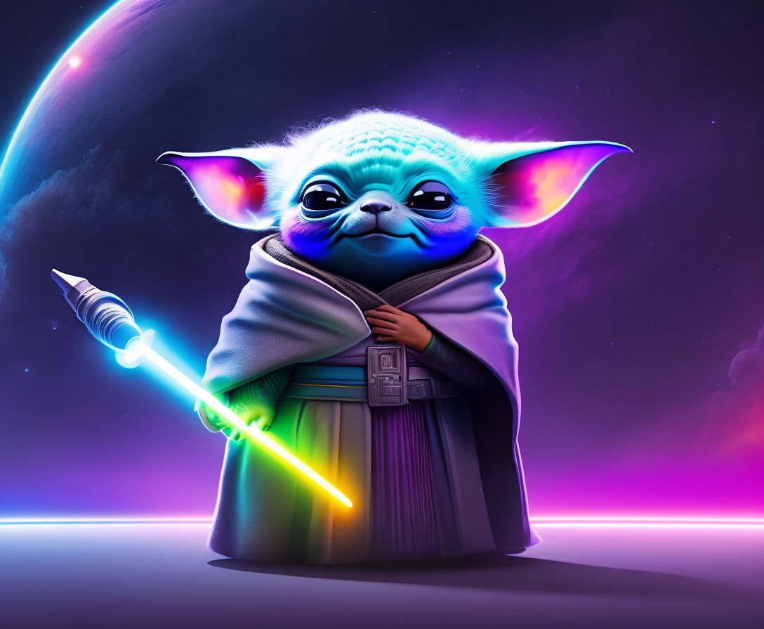 Lexica - Baby yoda, hold lightsaber, neon, purple and blue, 4k, background  space with planets