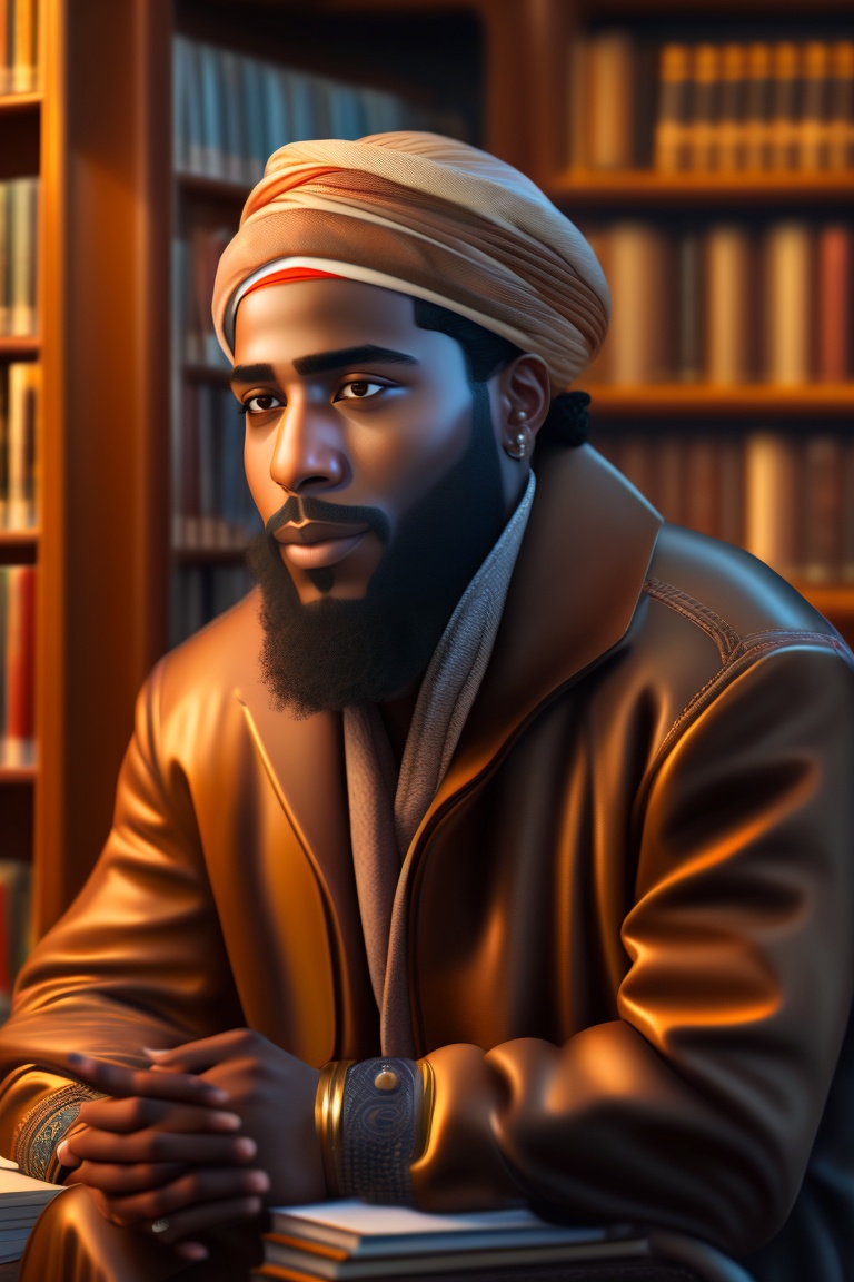Lexica - I want pictures of the man sitting in a library, an Arab man ...