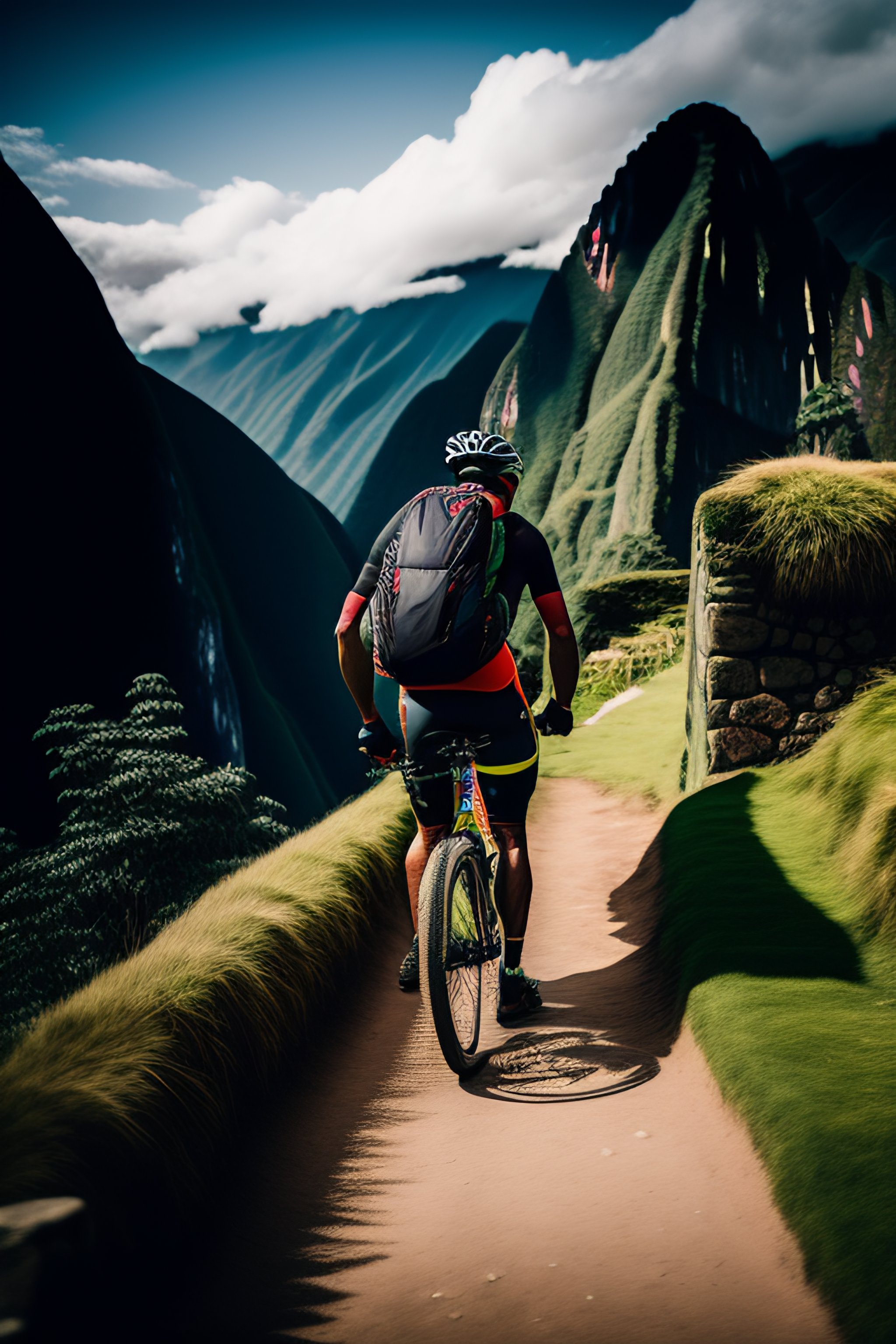 Lexica - Man from behind with a race bicycle, in Machu Picchu ...