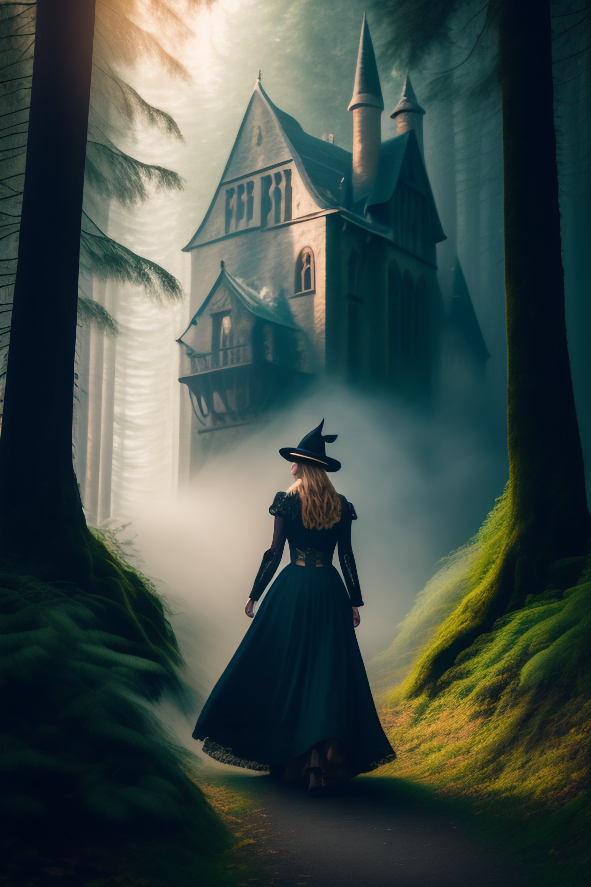 Lexica - Witch in a dress in a spooky castle in the forest